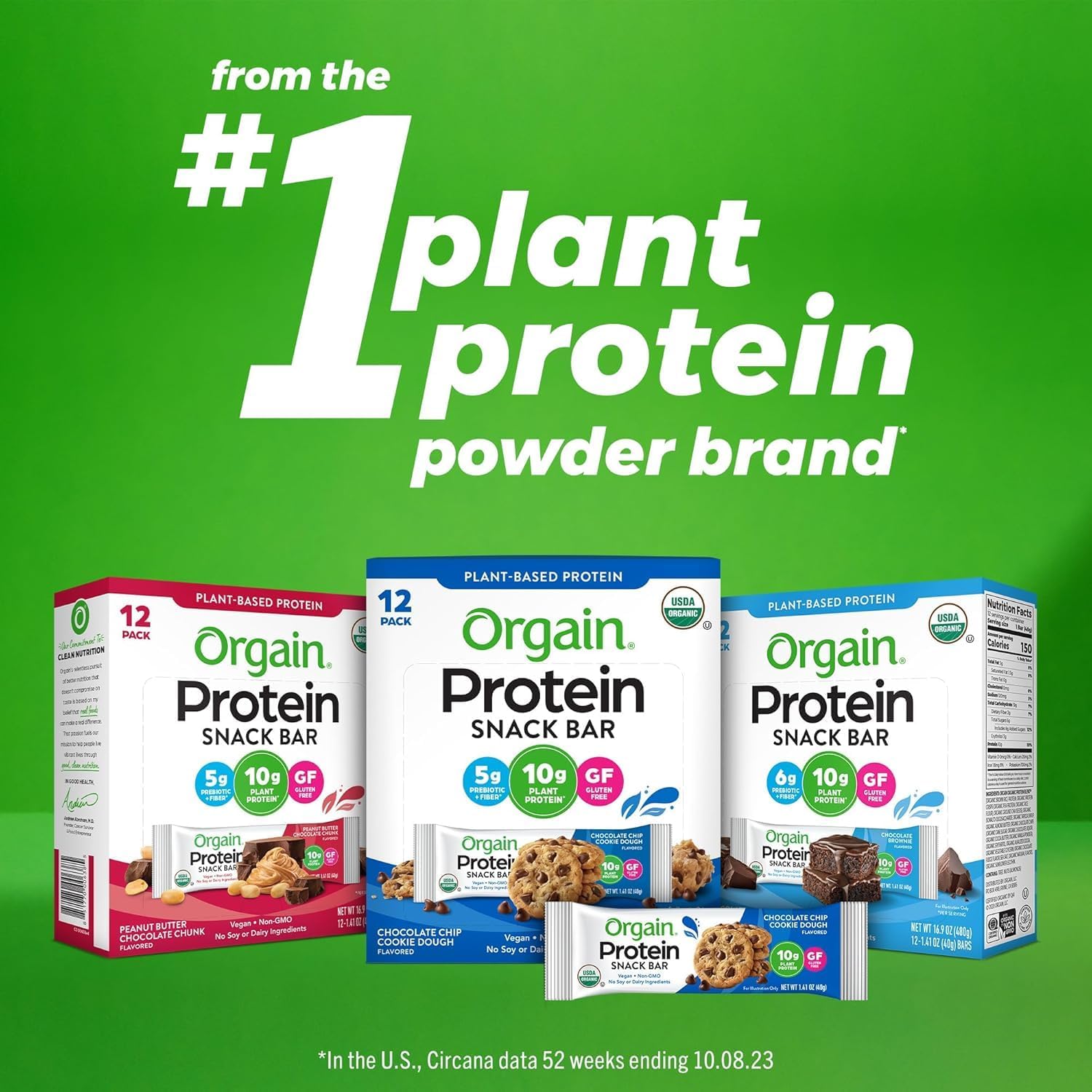 Orgain Organic Vegan Protein Bars Bundle - Chocolate Chip Cookie Dough & Peanut Butter Chocolate Chunk - 10g Plant Based Protein, Gluten Free, Non-GMO - 1.41 Oz (2 Pack of 12) - Image 5