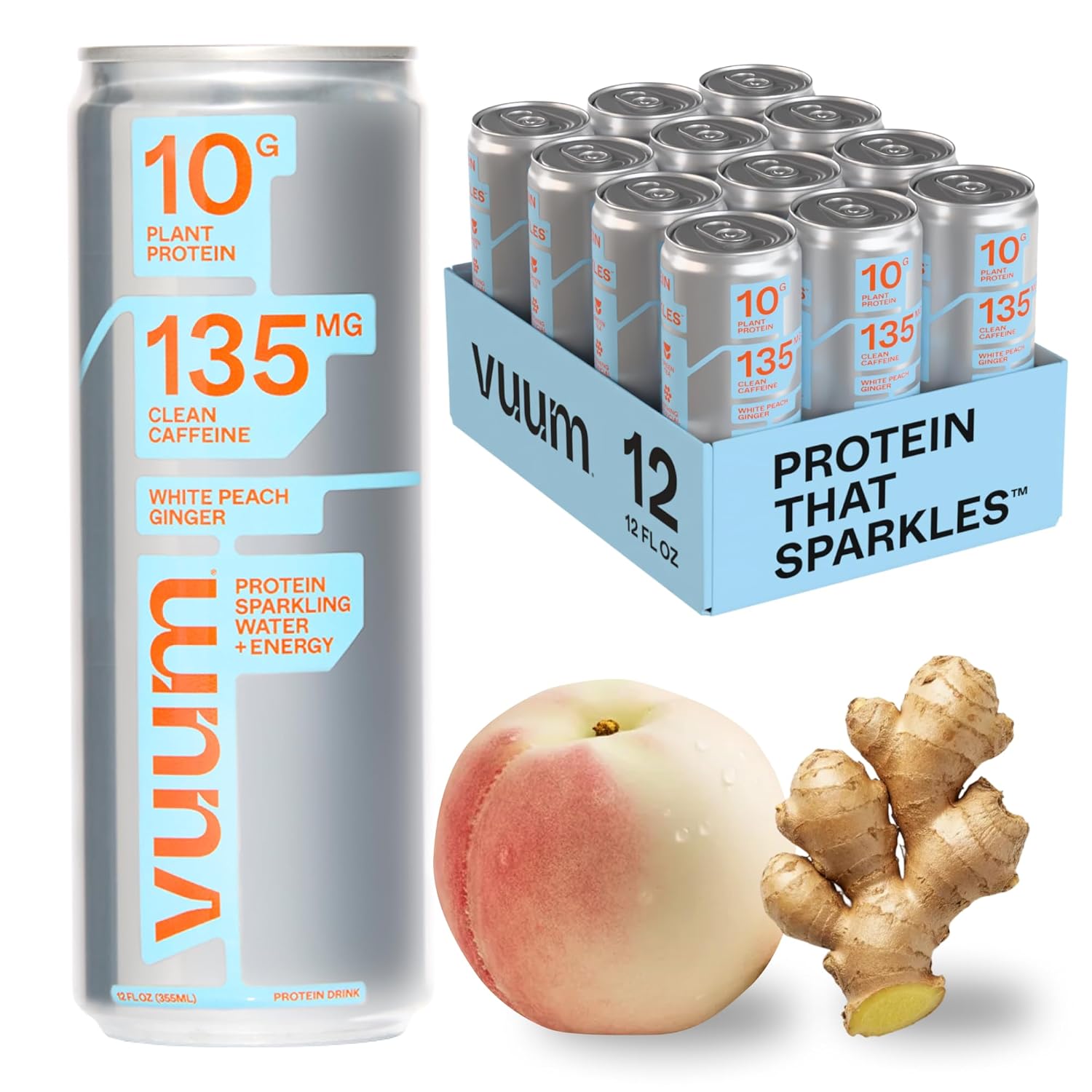 Vuum Sparkling Clear Protein Drink - 10g Plant Protein & Natural Caffeine with L-Theanine, Amino Acids for Focused Energy - Sugar Free, All Natural, Non-GMO 12 fl oz (12-Pack), White Peach Ginger