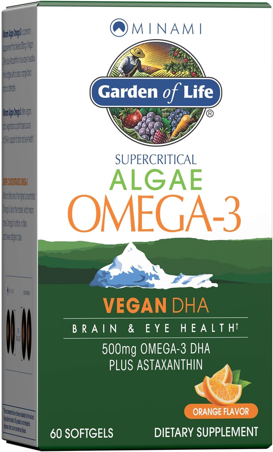 Garden of Life Minami Algae Omega 3 Vegan DHA for Brain and Eye Health - Orange Flavor, 500mg Plant Based DHA Omega-3 Vegan Algae Oil plus Astaxanthin, No aftertaste, 60 easy-to-swallow Mini Softgels
