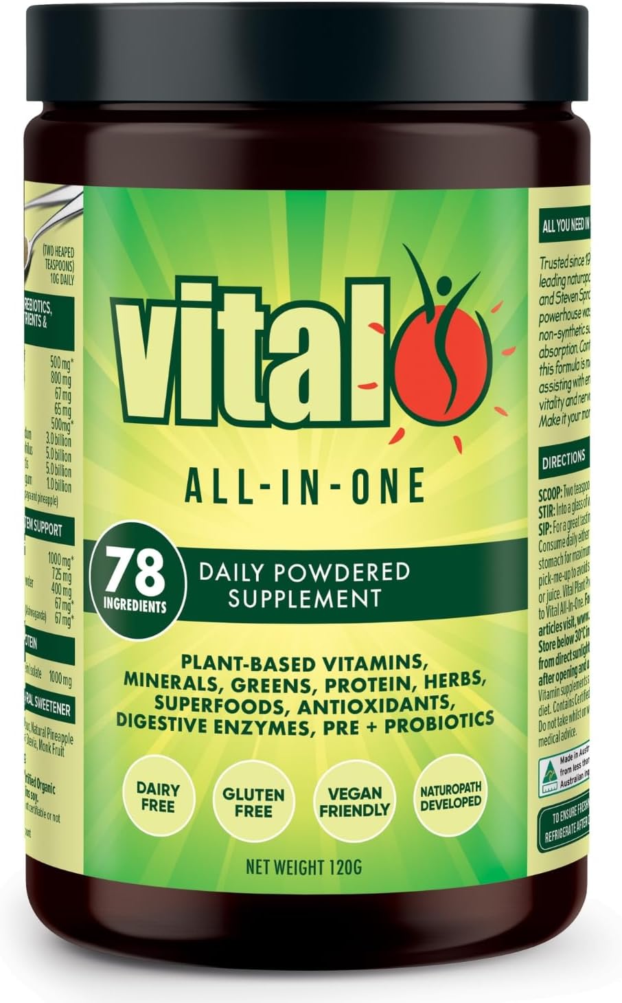 Vital All-in-One Daily Powdered Supplement - Natural Greens Superfood Powder for Energy & Health, Super Greens Powder Drink Mix with Probiotic & Antioxidant Support - 4.23 oz (12 Servings)