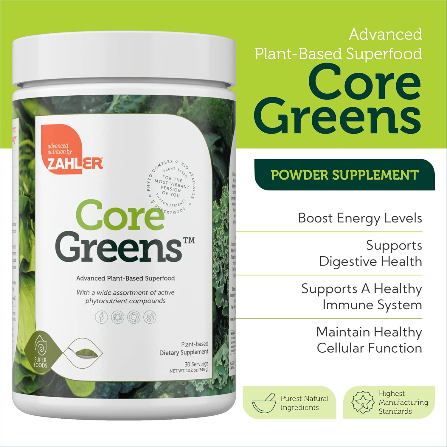 Zahler Core Greens Powder Nutrition Supplements - Superfood Powder - Super Green Juice & Smoothie Mix - Phytonutrient Rich with Spirulina, Chlorophyll & More - Kosher Superfood - Image 3