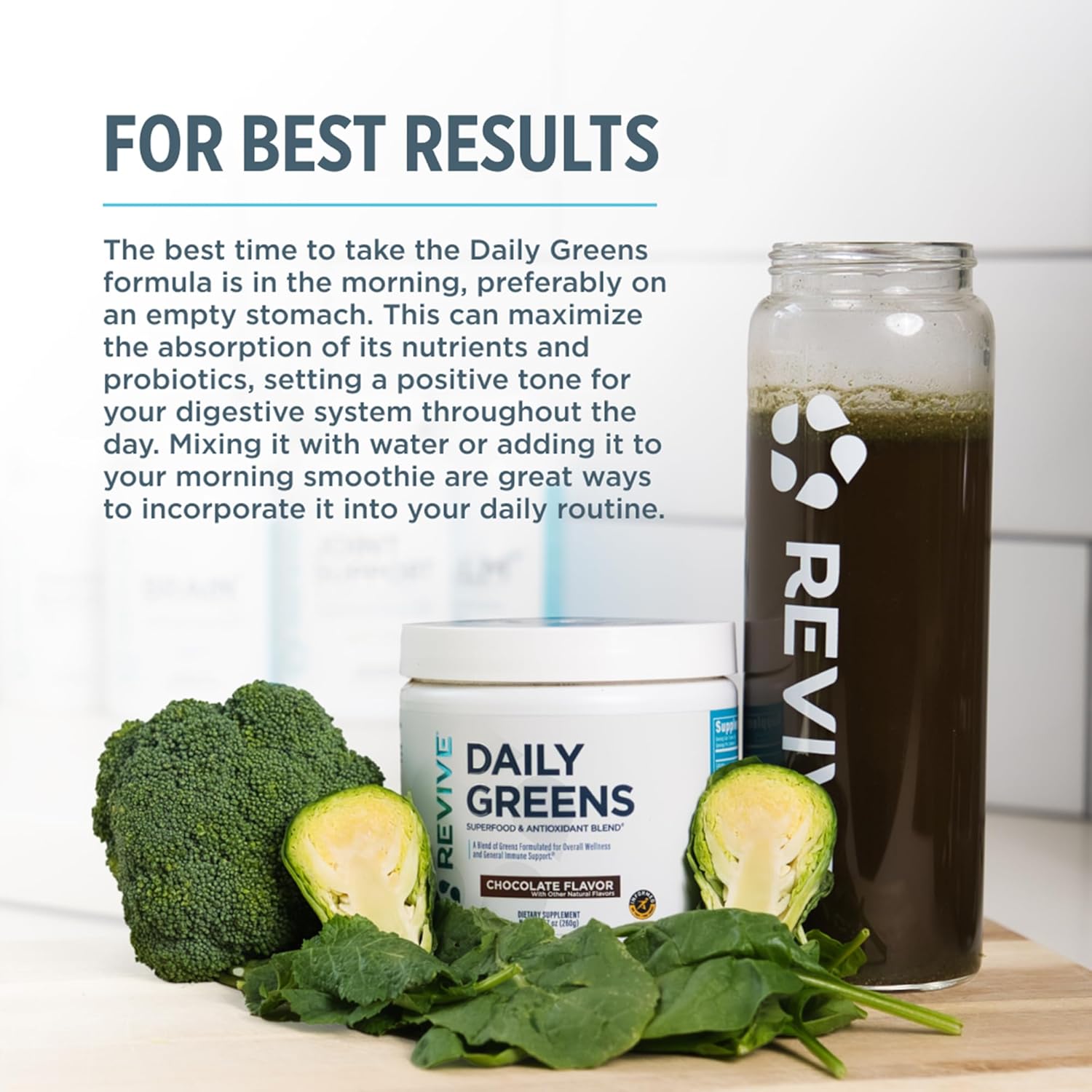 Revive MD Daily Green Powder Superfood (Chocolate) - Supergreens Powder to Support Energy Levels - Green Juice That Improves Fiber Intake - Vegetable Supports Digestion and Gut Health (30 Servings) - Image 4