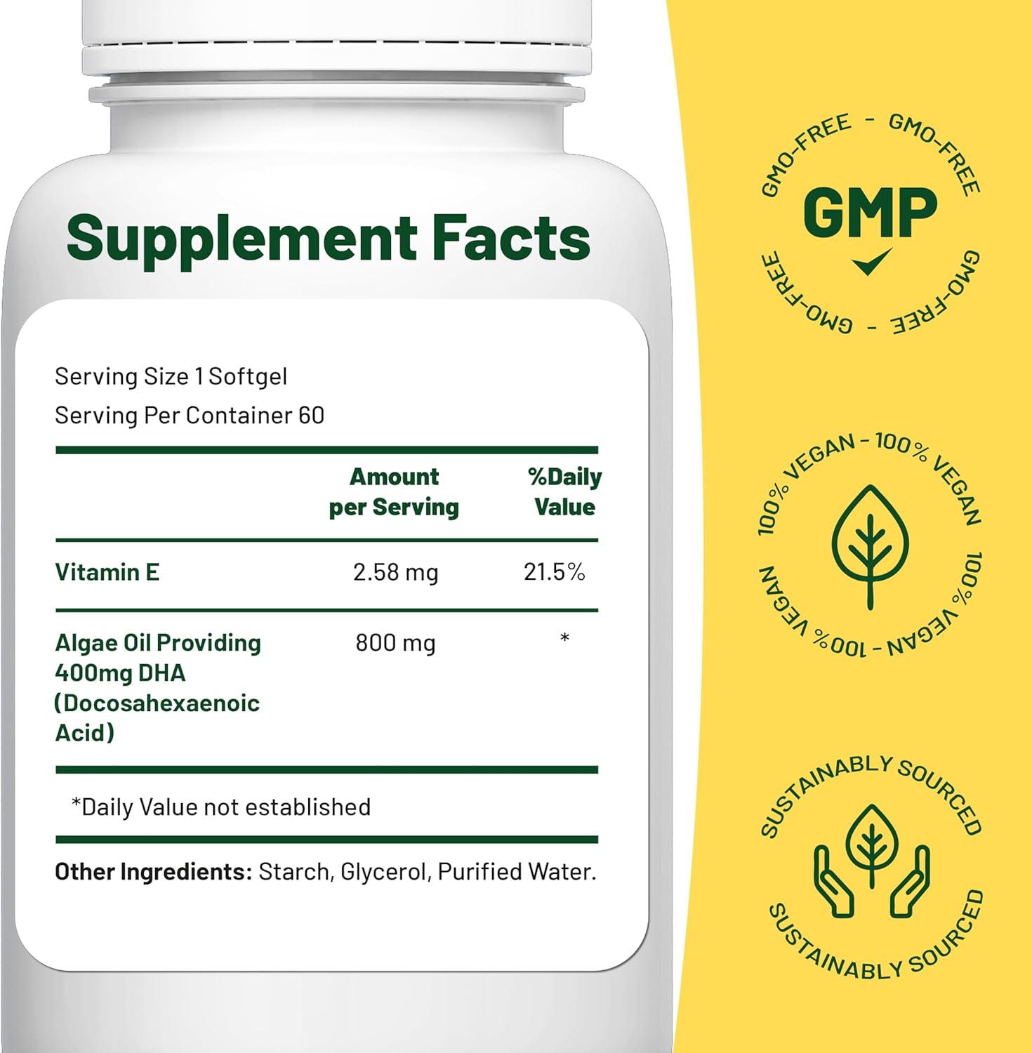 Vegan Vitality Vegan Omega 3 Supplement - 60 Plant Based Algae Oil Soft Gels Essential Fatty Acids with Vegan DHA for Joint, Heart & Immune Support Without EPA - Image 5