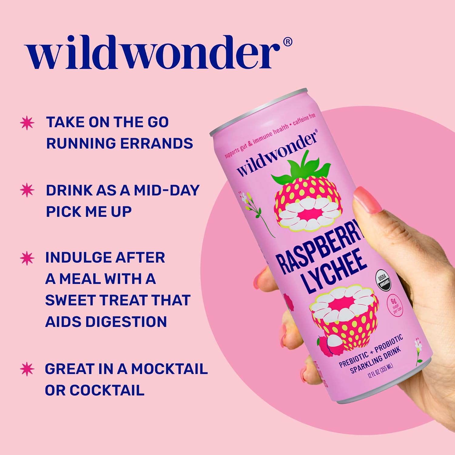 NEW! wildwonder Sparkling Probiotic Drink 12pk, For Gut Health & Immune Support, Raspberry Lychee, 5g Prebiotic Fiber, Live Probiotics, Organic, Vegan, Low Sugar, 12 Pack, 12oz Can, Seen on Shark Tank - Image 3