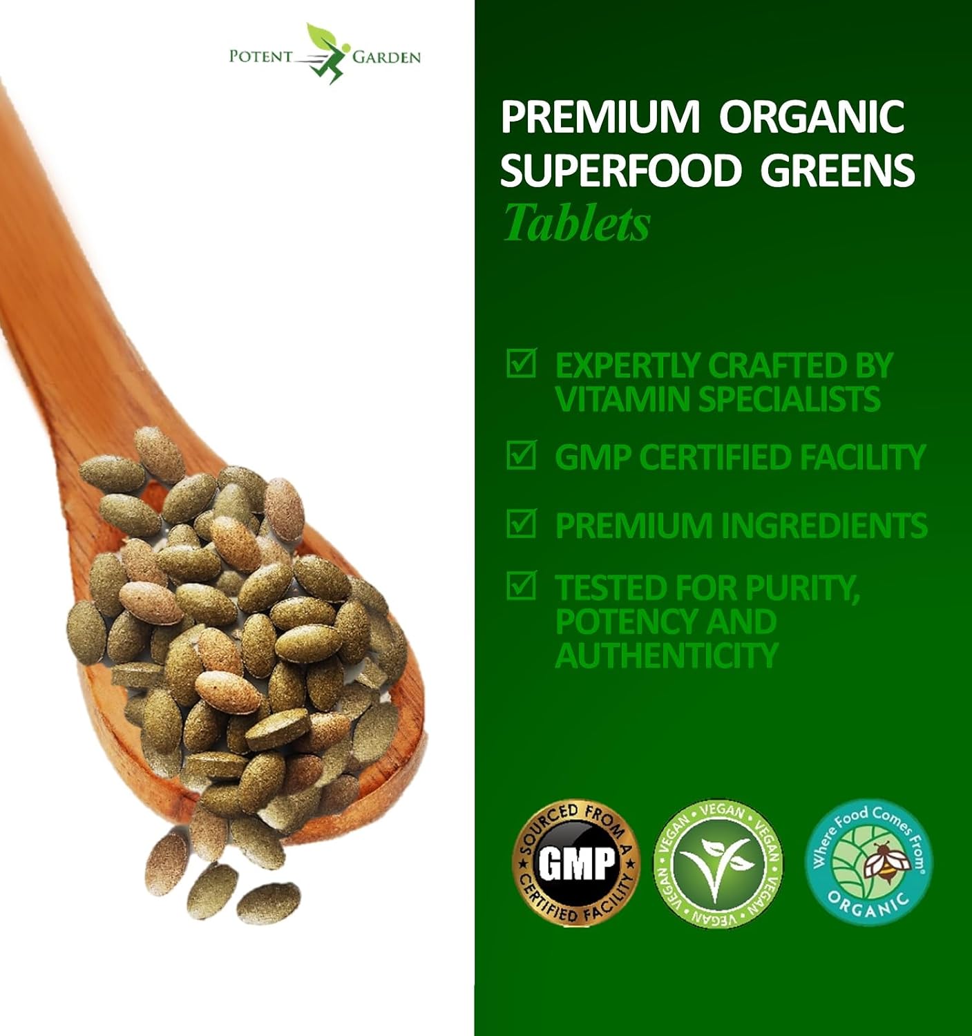 Potent Garden Organic Superfood Greens, Fruit and Veggies Supplement Rich in Vitamins & Antioxidants with Alfalfa, Beet Root & Tart Cherry to Boost Energy, Immunity & Gut Health, Greens Tablets 60 Ct - Image 6