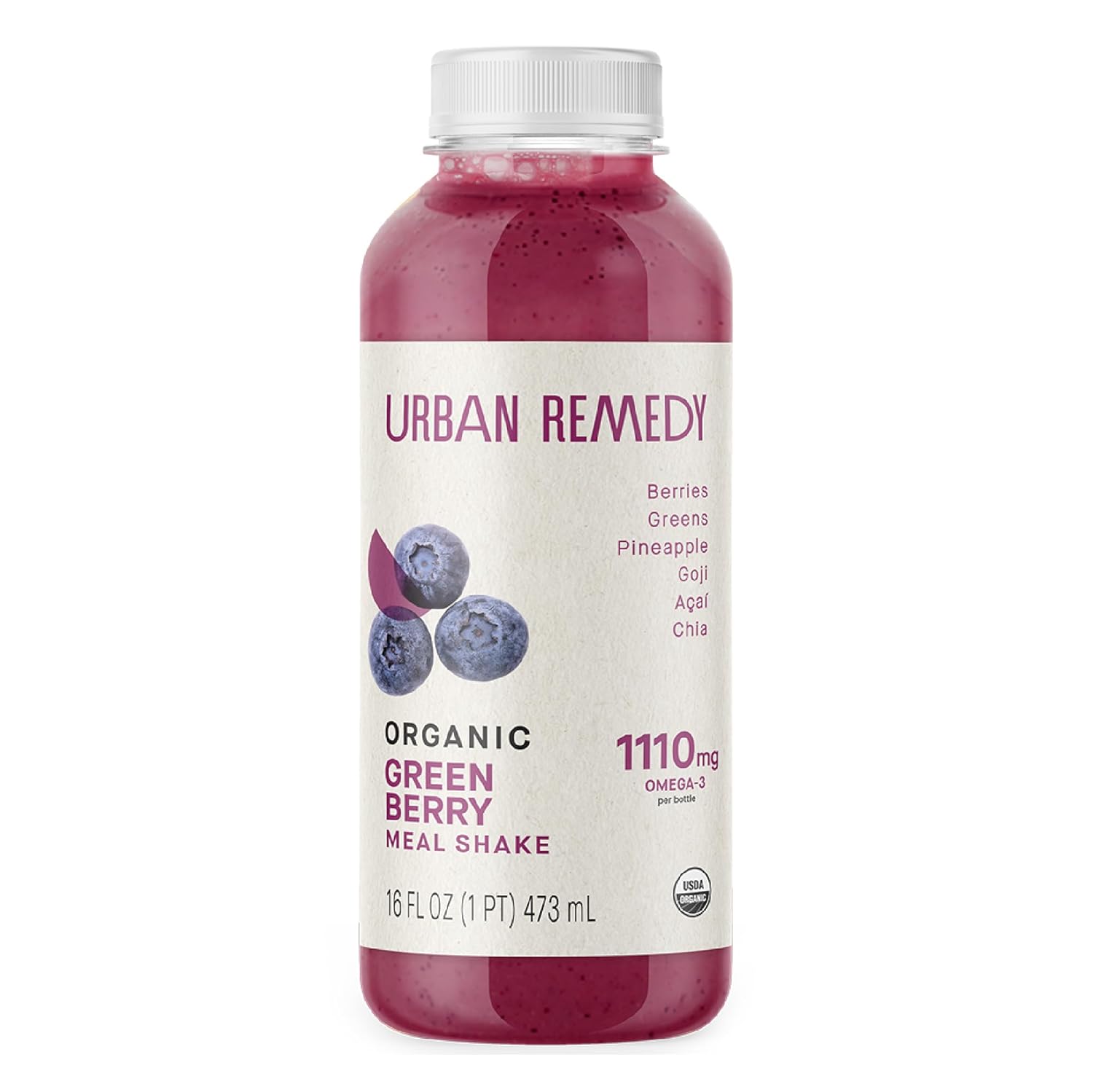Urban Remedy Organic Green Berry Meal Replacement Shake, 16 fl oz, Superfood Blend with Goji Berries, Blueberries, Kale & Spinach, Plant-Based, Gluten-Free, Non-GMO, Ready-to-Drink, On-the-Go Beverage