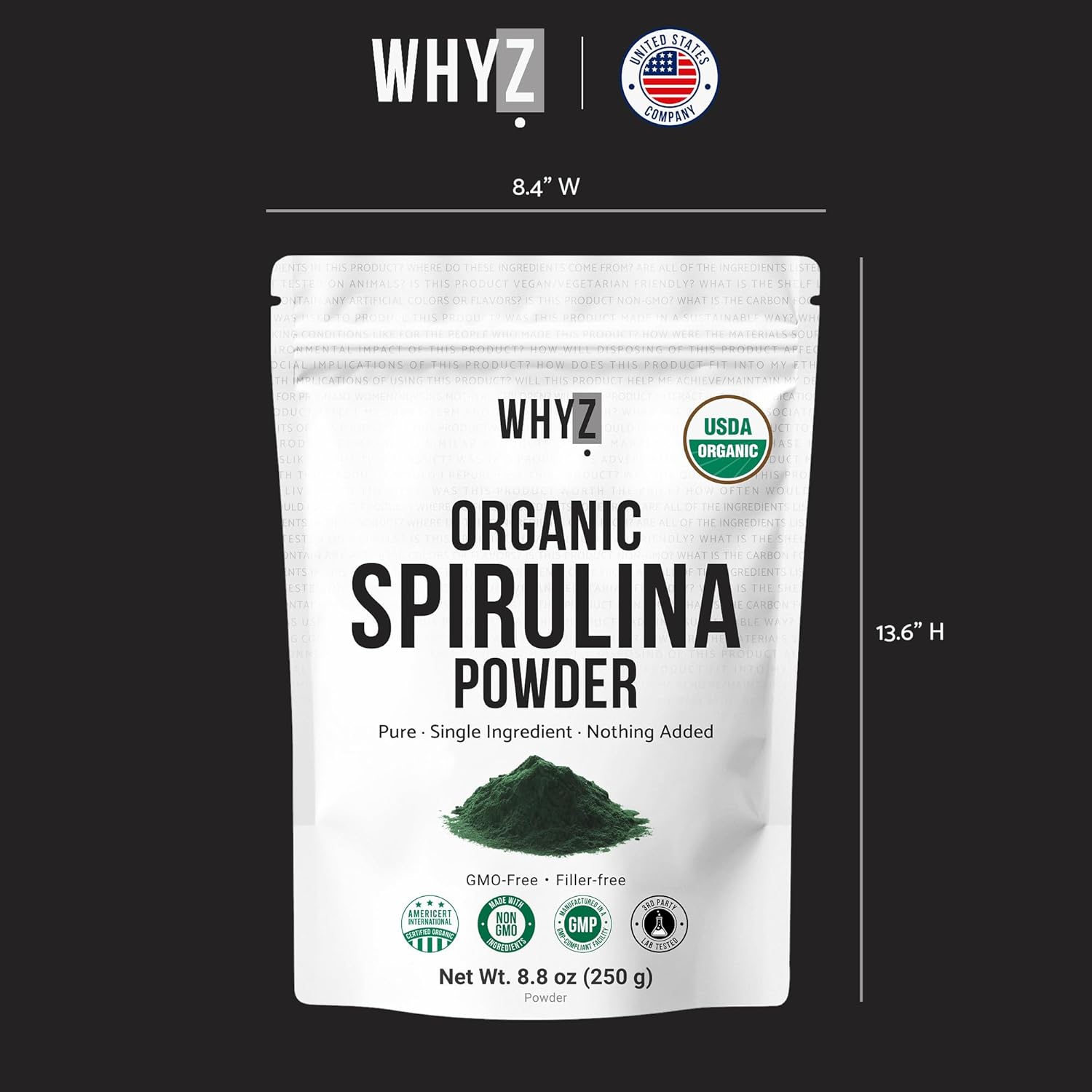 WHYZ Organic Spirulina Powder, 250g, Protein-Rich Spirulina Supplement, Organic Superfood for Immune Support, Green Spirulina Powder Organic Non GMO for Smoothies & Recipes (8.8 oz) - Image 7