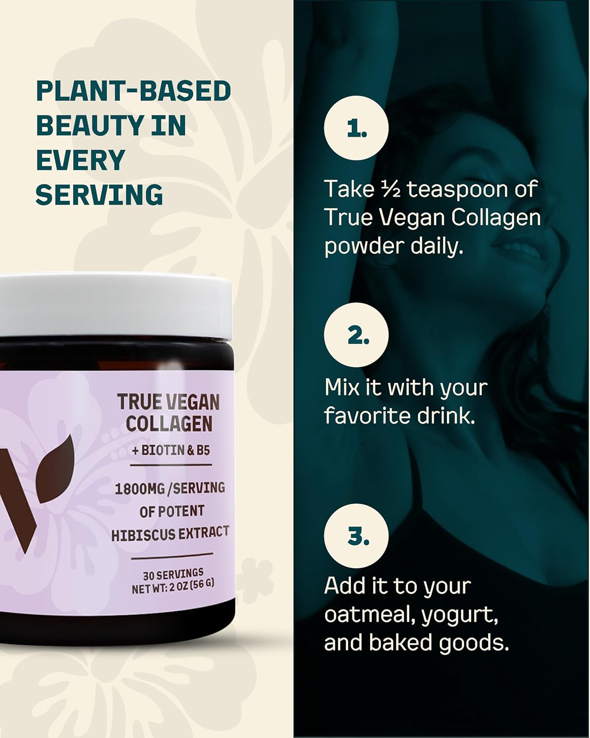 True Vegan Collagen - Antioxidant-Rich Supplement of Pure Organic Hibiscus Powder for Hair & Skin - Plant Based & Cruelty Free with Biotin & B5-2 oz, 30 Servings per Bottle - Image 7
