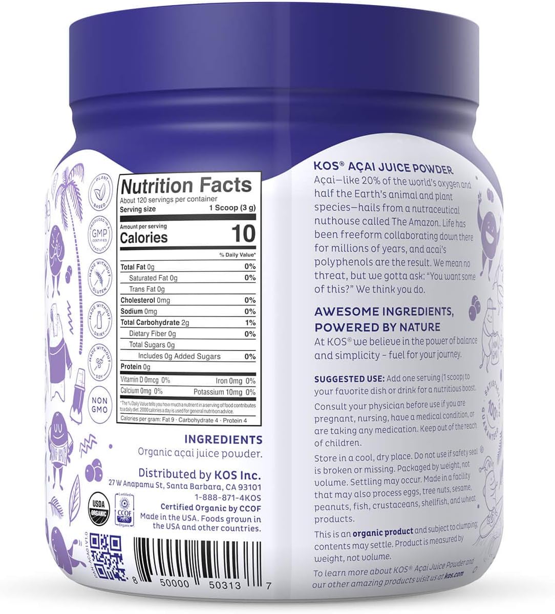 KOS Organic Acai Juice Powder - USDA Certified Organic, Plant Based Superfood Antioxidants, Superberry from Brazil, Great for Smoothies and Bowls, 0g Sugar, Vegan, Gluten-Free, Non-GMO - 120 Servings - Image 4