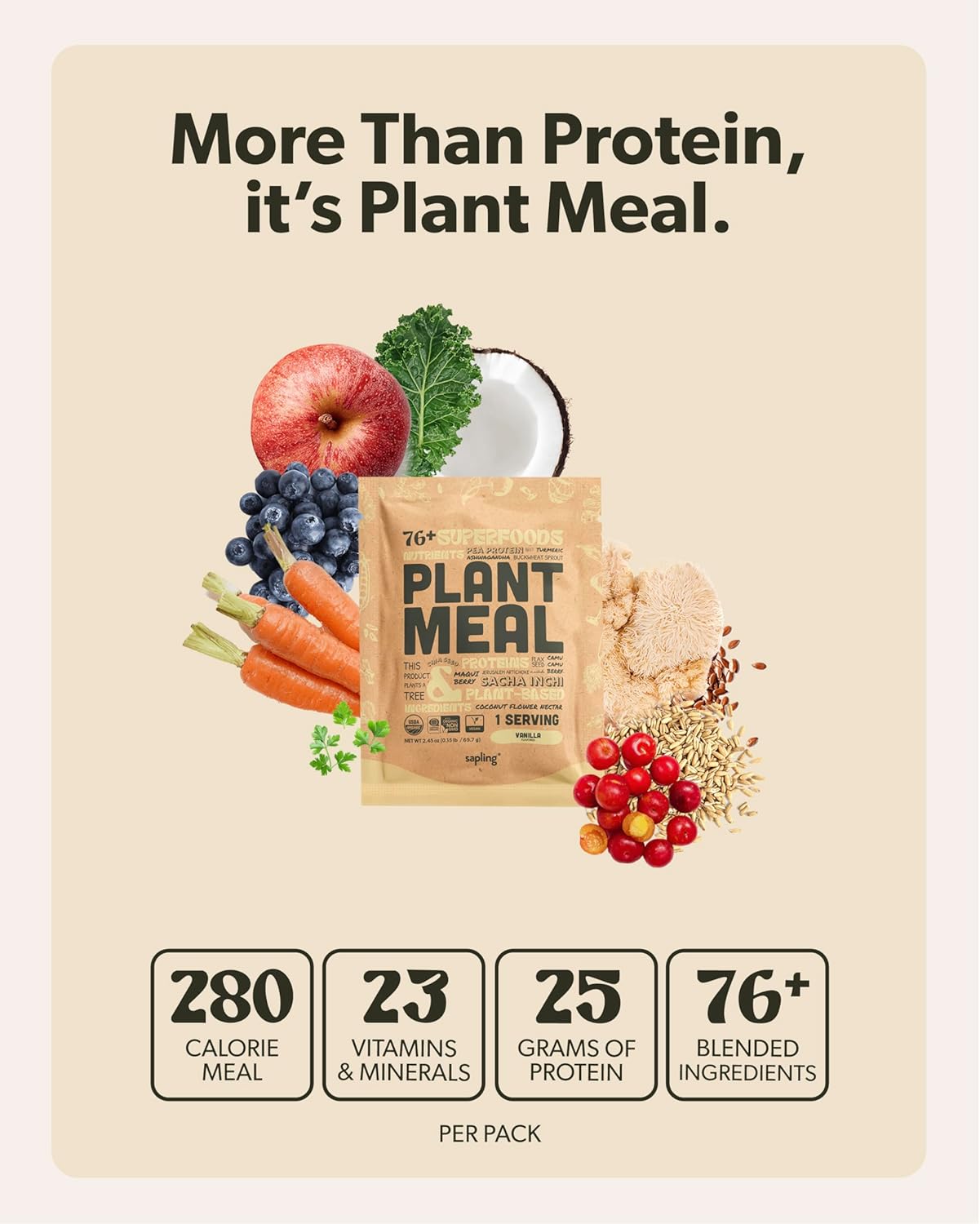 Plant Meal Replacement Shake - Vanilla - 25g of Plant Based Vegan Protein Powder, 76+ Organic Superfoods, Vitamins & Minerals, Mushrooms, Super Greens, Digestive Enzymes & Probiotics - 1 Serving - Image 3