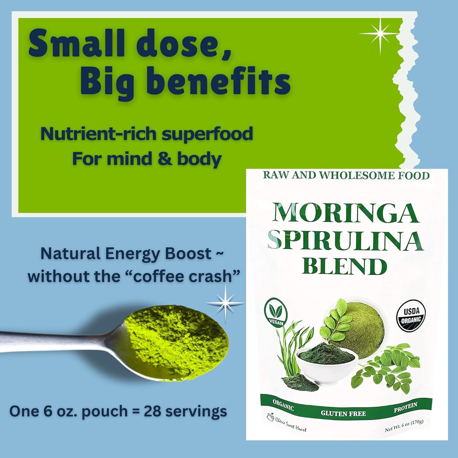Chérie Sweet Heart Organic Moringa & Spirulina Superfood Blend, 6 oz – USDA Organic, Non-GMO, Vegan, Gluten-Free Supergreens Powder for Energy, Detox & Daily Wellness - Image 6