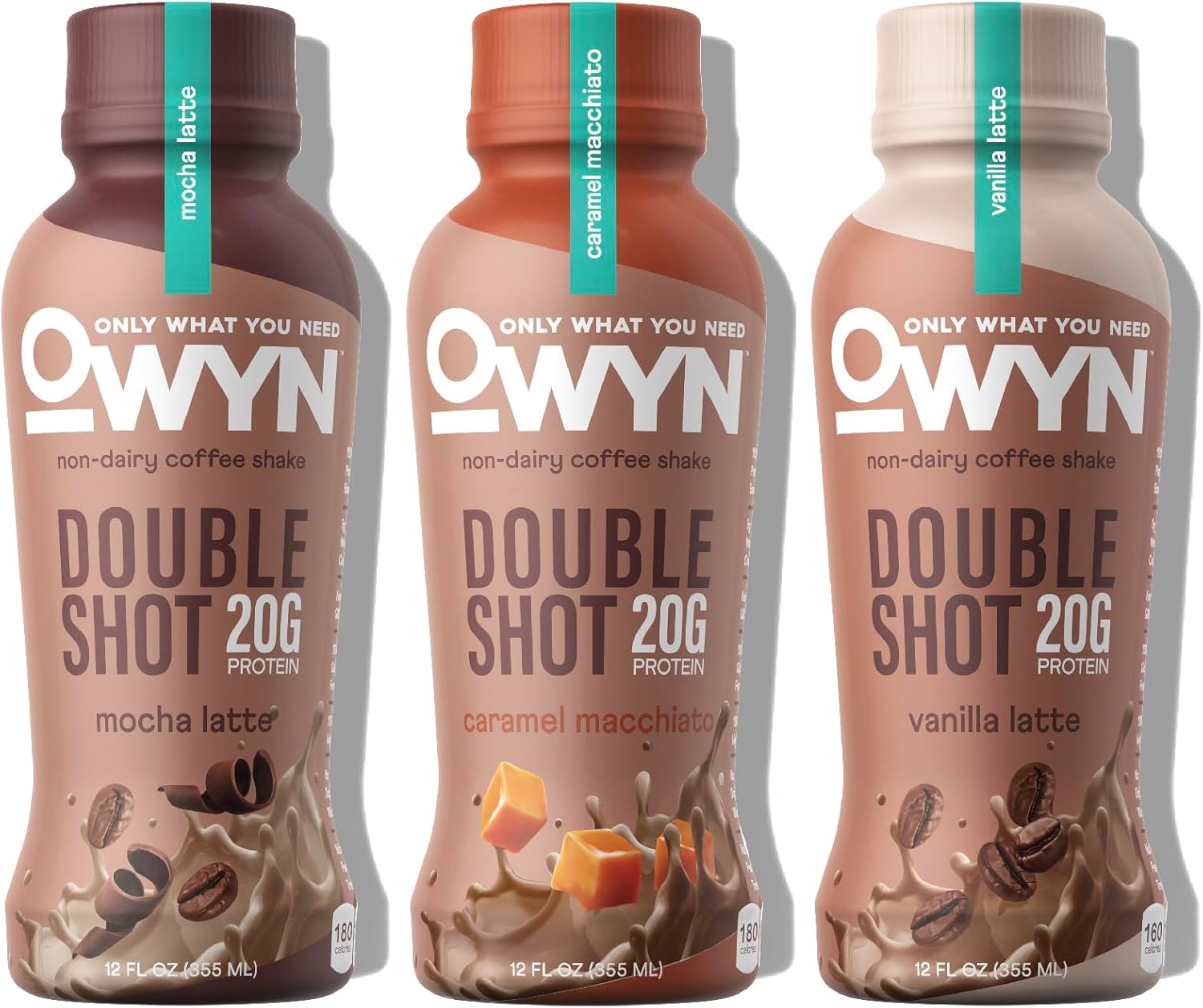 OWYN Only What You Need Double Shot Mocha Latte, Vanilla Latte and Caramel Macchiato Flavored Protein Shake, 20g Protein, 0g Sugar, 3g Fiber, 180mg Caffeine, Dairy Free, Plant Based Protein, 12 CT