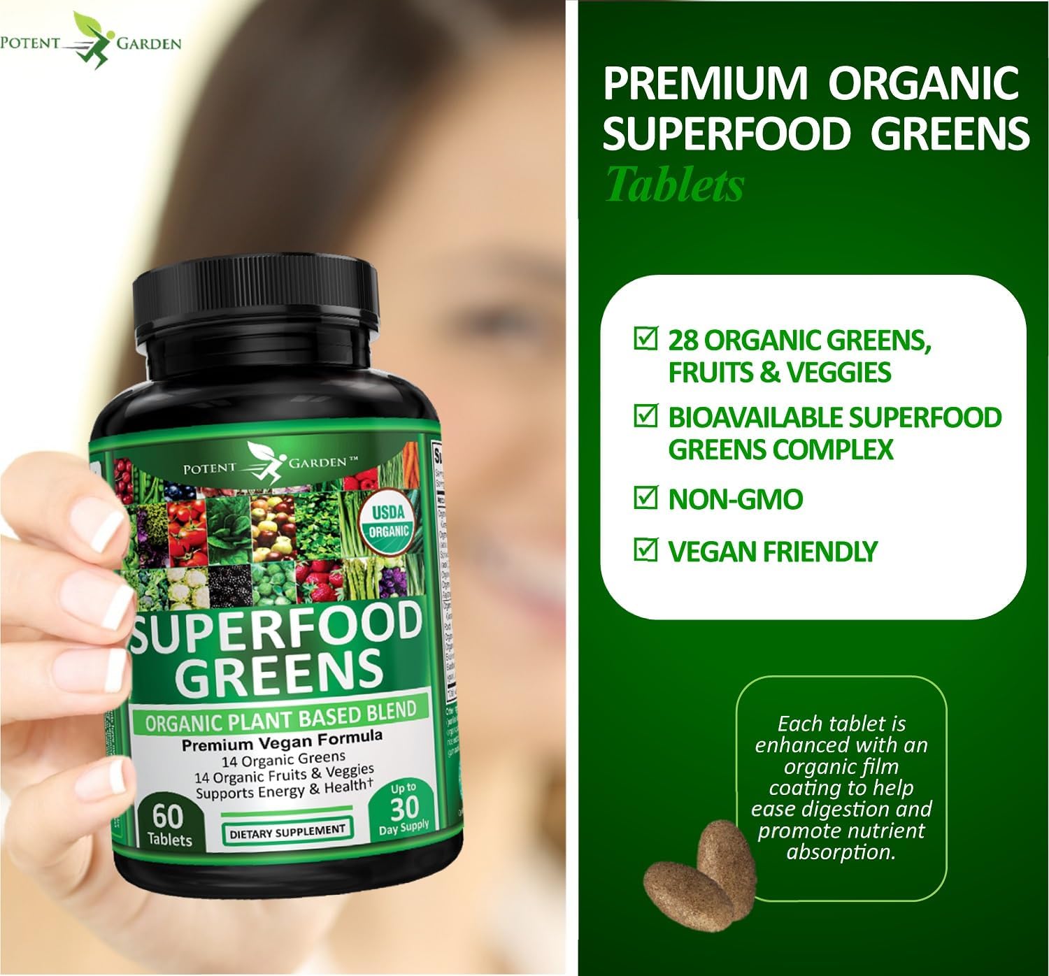 Potent Garden Organic Superfood Greens, Fruit and Veggies Supplement Rich in Vitamins & Antioxidants with Alfalfa, Beet Root & Tart Cherry to Boost Energy, Immunity & Gut Health, Greens Tablets 60 Ct - Image 4