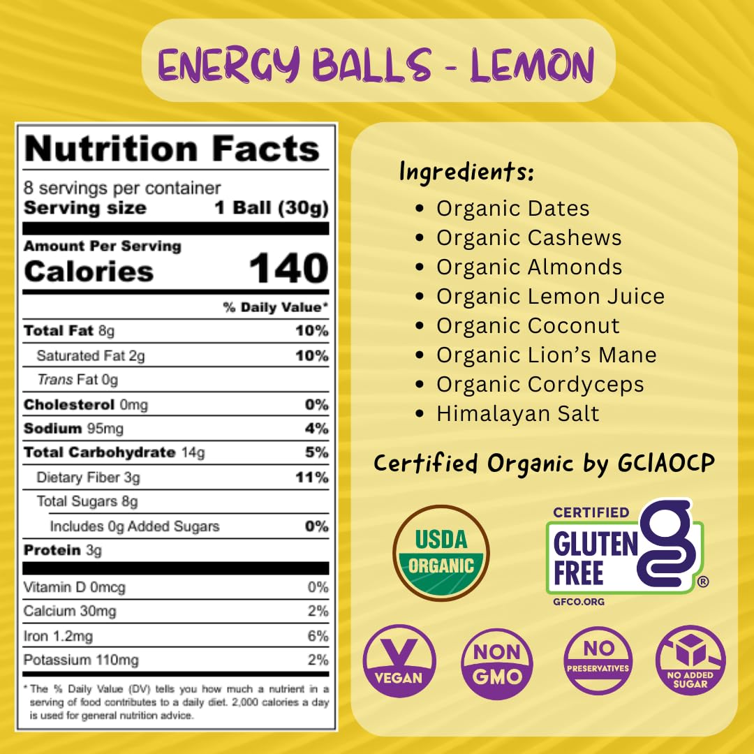 ODD BALLS Organic Energy Balls Lemon - Superfood Mushroom Snack - Running, Cycling, Hiking - Gels, Bars Alternative - Lion's Mane Focus, Cordyceps Energy - Vegan, Gluten Free Snacks for Kids & Adults - Image 2