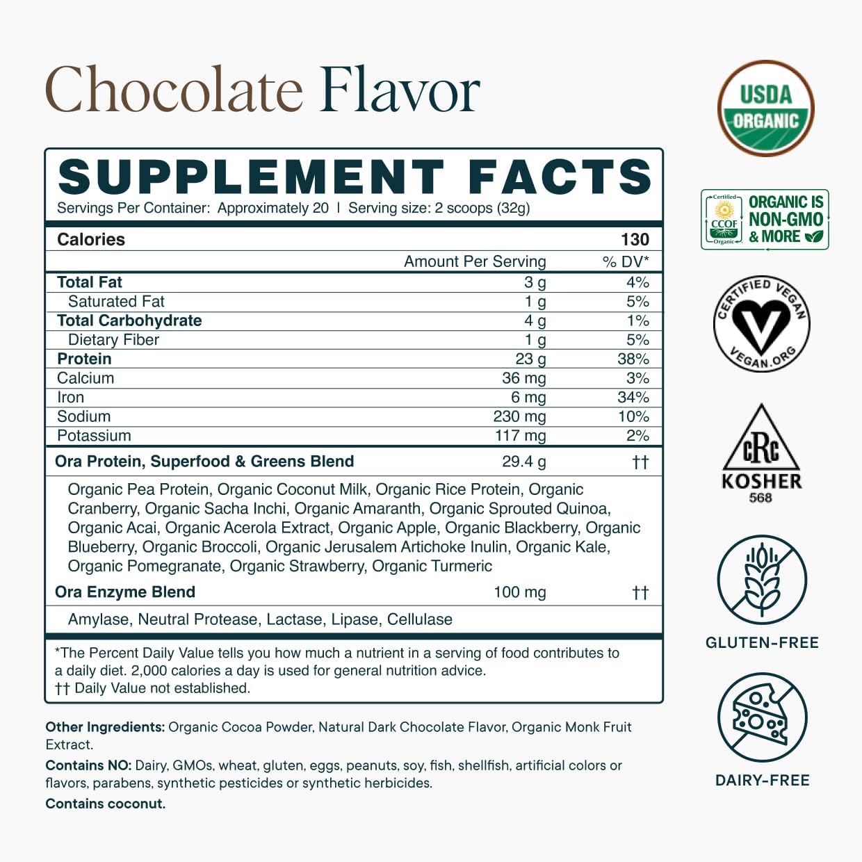 Ora Organic Vegan Protein Powder - 23g Plant Protein for Women and Men - Chocolate Flavor 20 Servings, Bloat-Free, Gluten Free, Non-GMO, No Artificial Sweeteners - Image 9