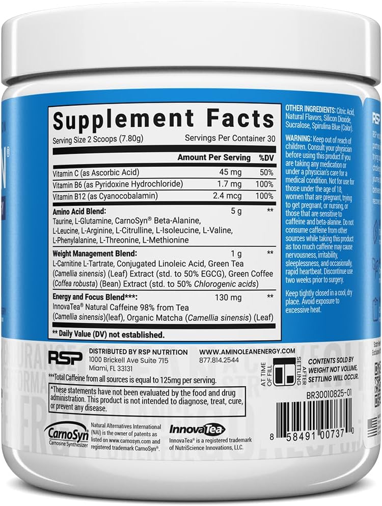 RSP Nutrition AminoLean Pre Workout Powder, Amino Energy & Weight Management with Vegan BCAA Amino Acids, Natural Caffeine, Preworkout Boost for Men & Women, 30 Serv - Image 3