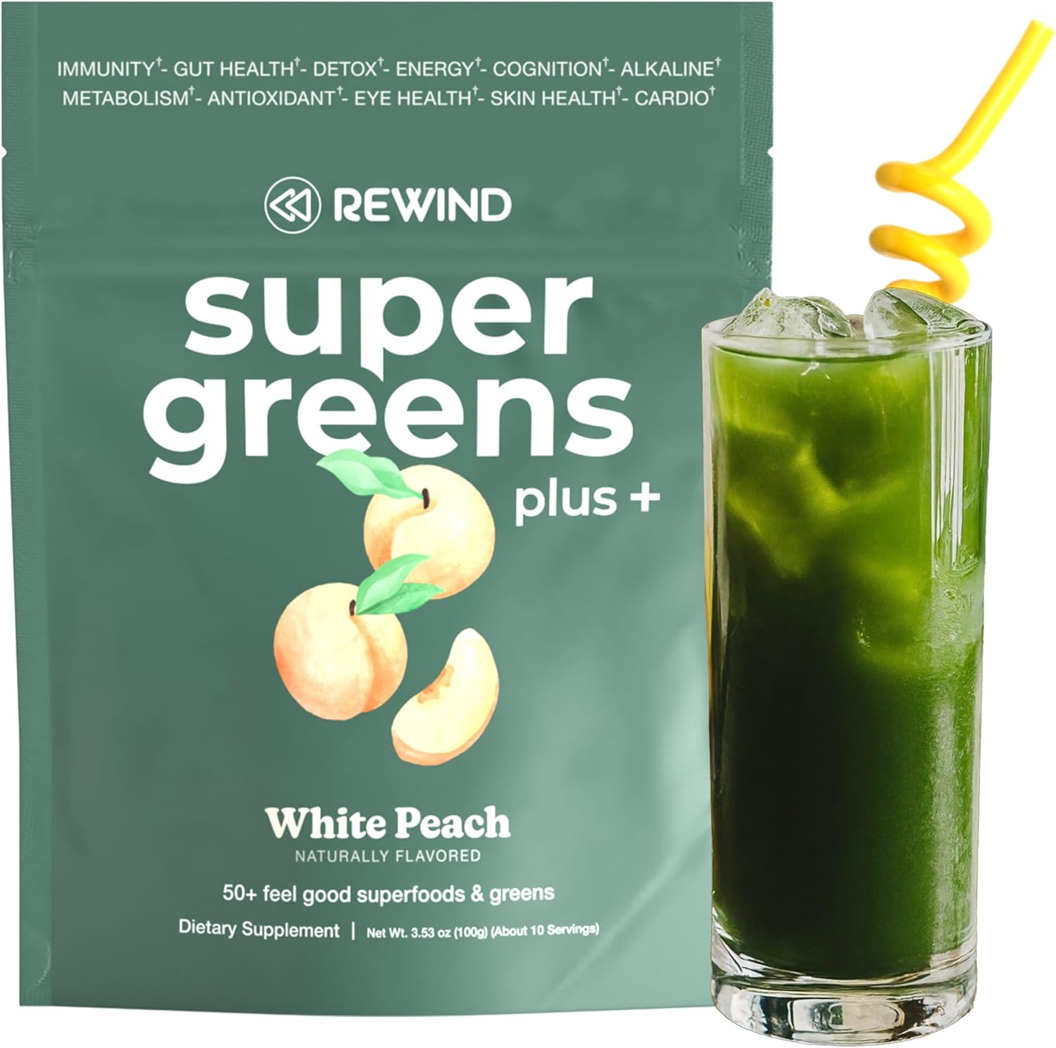 Rewind Super Greens Powder with 50+ Superfoods Daily Green Juice for the Whole Family Delicious Green Powder Drink Mix White Peach Flavor - 10 Servings