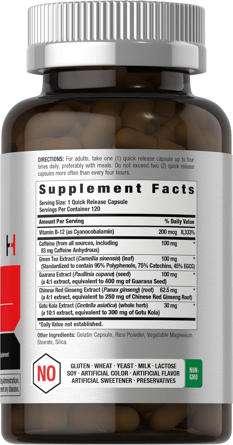 Horbäach Energy Supplement | 120 Capsules | with Caffeine, Ginseng & Vitamin B12 | Daily Energy Booster Pills | Non-GMO, Gluten Free - Image 2