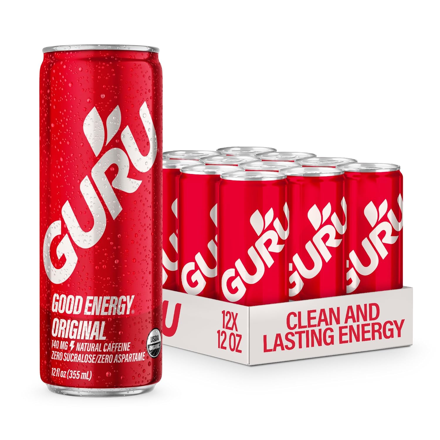 GURU Original Organic Energy Drinks, Clean Energy Drink with Plant Based Natural Caffeine from Green Tea, Gluten Free and Vegan, 140MG Caffeine, Healthy Drinks, 12oz (Pack of 12)