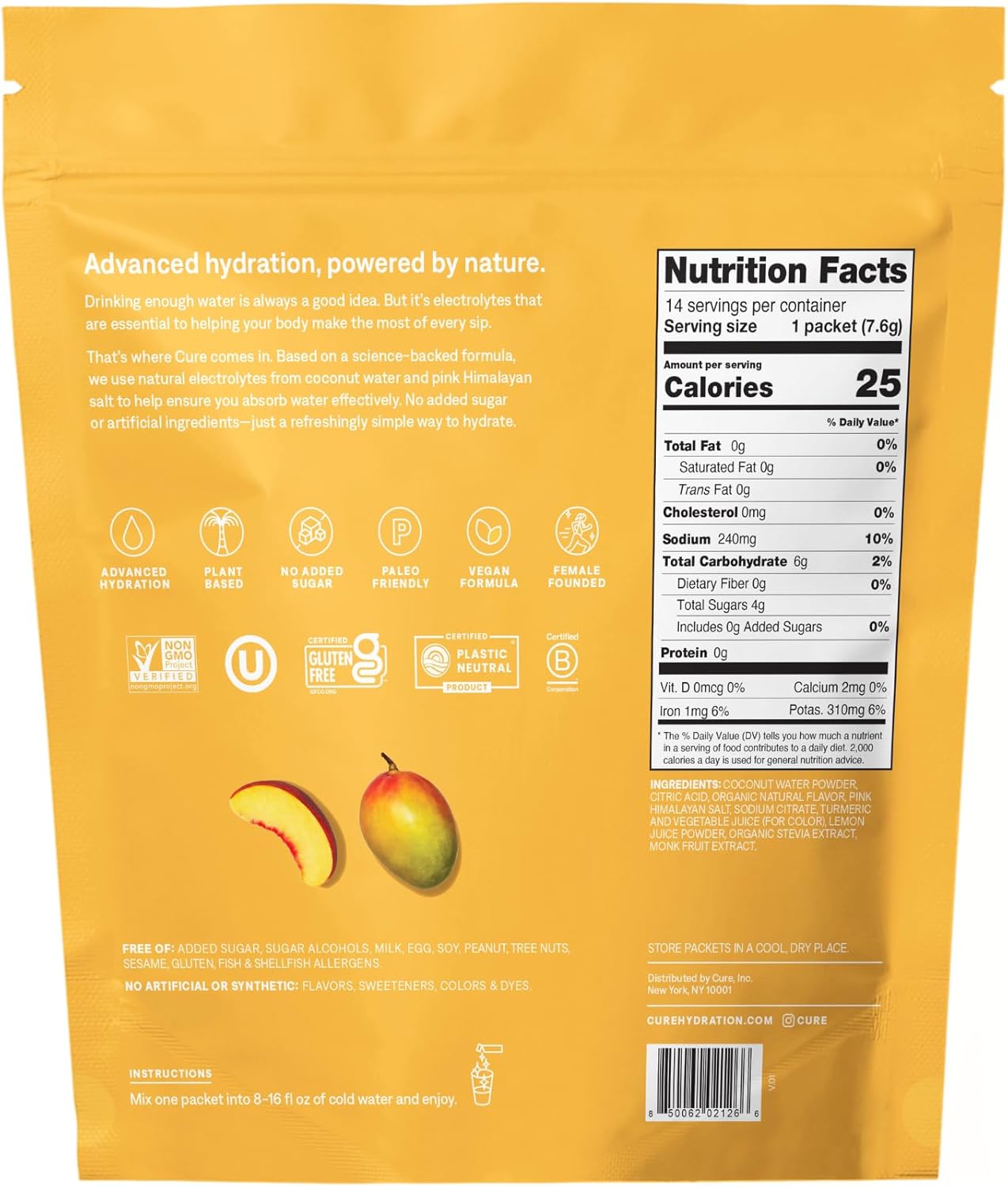 Cure Hydration | Plant-Based Electrolyte Drink Mix | No Added Sugar | Dehydration Relief Powder Made with Coconut Water | Non-GMO | Vegan | Pouch of 14 Packets - Peach Mango - Image 2