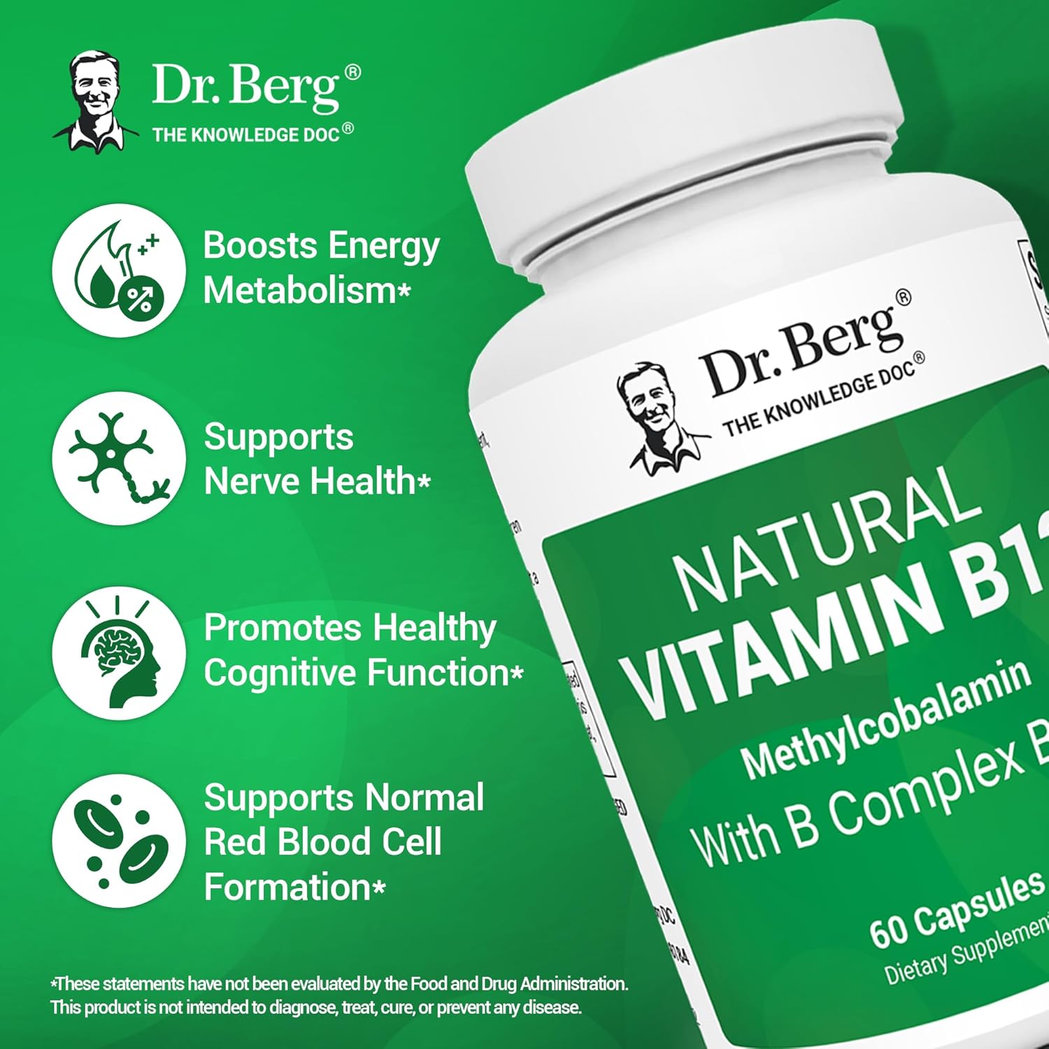 Dr. Berg Natural Vitamin B12 1000 mcg with B Complex Blend - Methylcobalamin B12 for Energy, Nerve Health, and Cognitive Function* - Methylated B12 with Folate - 60 Capsules (2-Month Supply) - Image 3