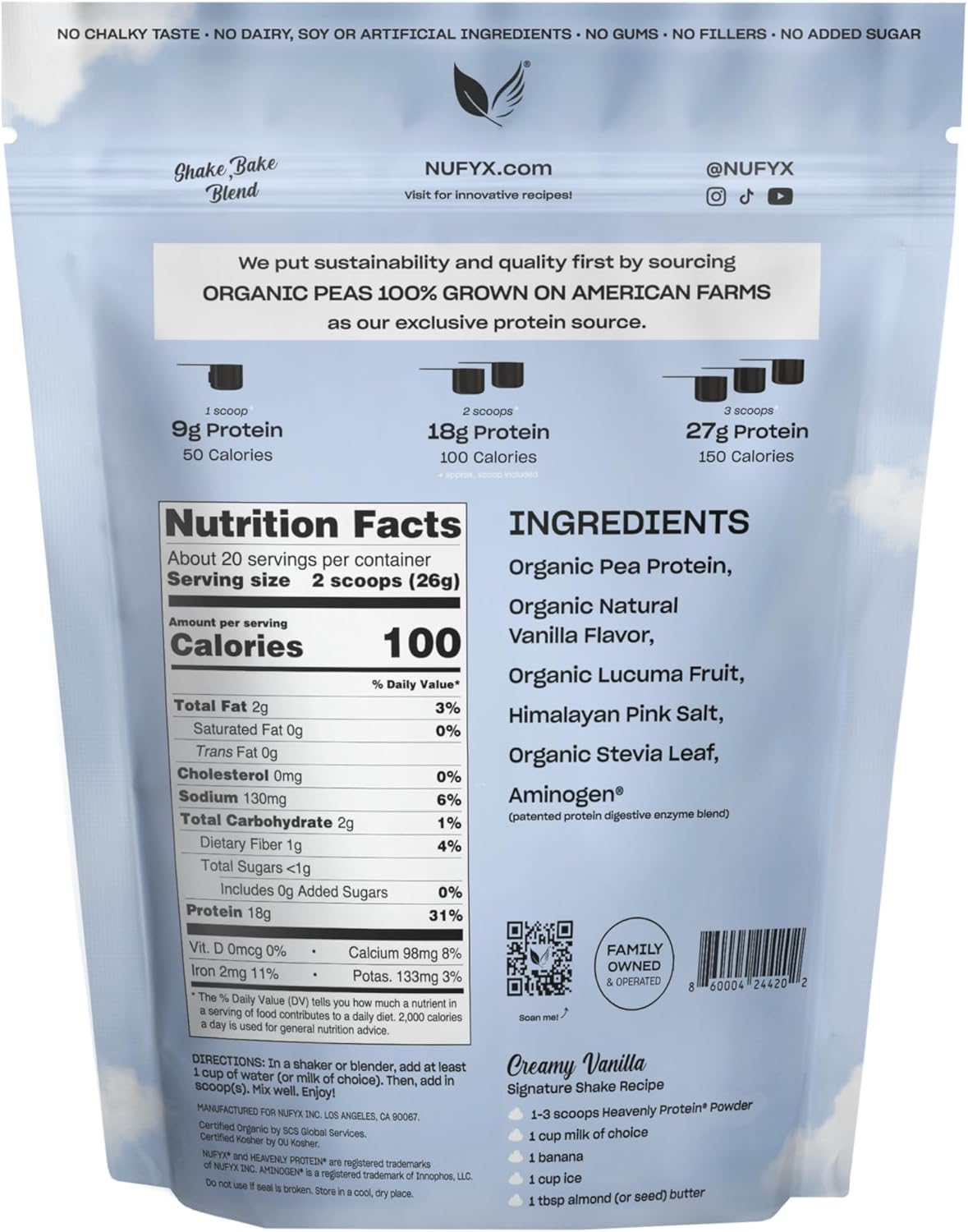 NUFYX® Family Owned Protein Powder, Organic Plant-Based, Made with 100% USA Grown Peas, 18g Protein for 100 Calories, Only 6 Ingredients, Digestive Support (Creamy Vanilla, 40 Scoops) - Image 2