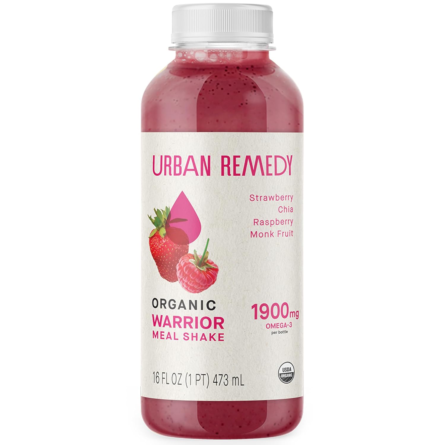 Urban Remedy Organic Warrior Meal Shake, 16 fl oz, with Raspberries, Strawberries & Chia Seeds, Low Glycemic, High Fiber Berry Smoothie, Organic, Non-GMO, Gluten-Free, Dairy-Free, Ready-to-Drink