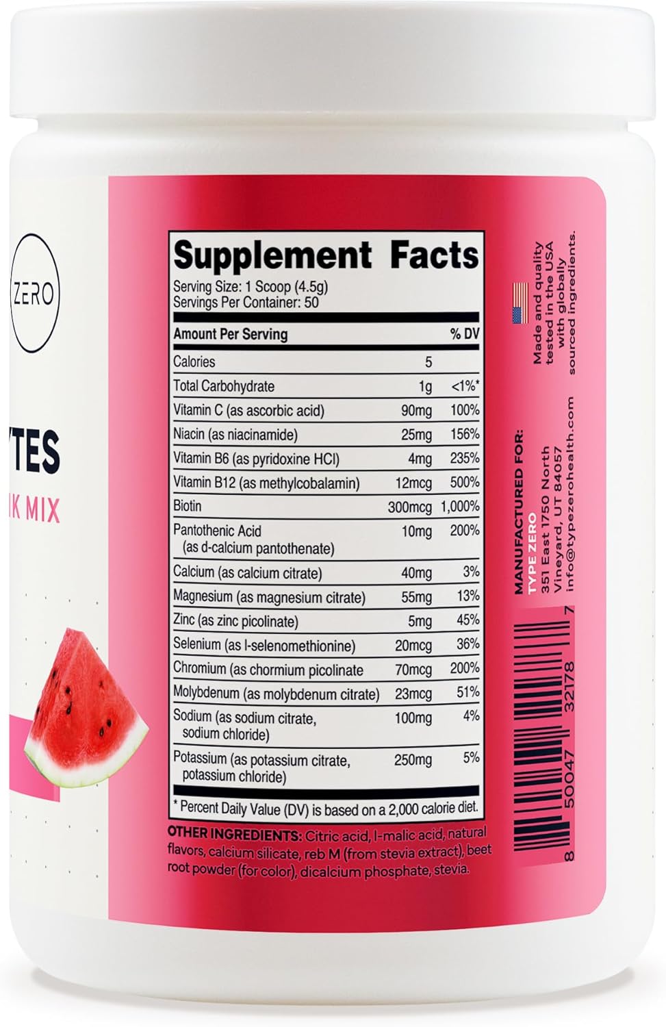 Type Zero Clean Electrolytes Hydration Powder Drink Mix + 14 Essential Vitamins & Minerals - Sugar Free, Zero Artificial Ingredients - Watermelon Flavor, 50 Servings - Image 4