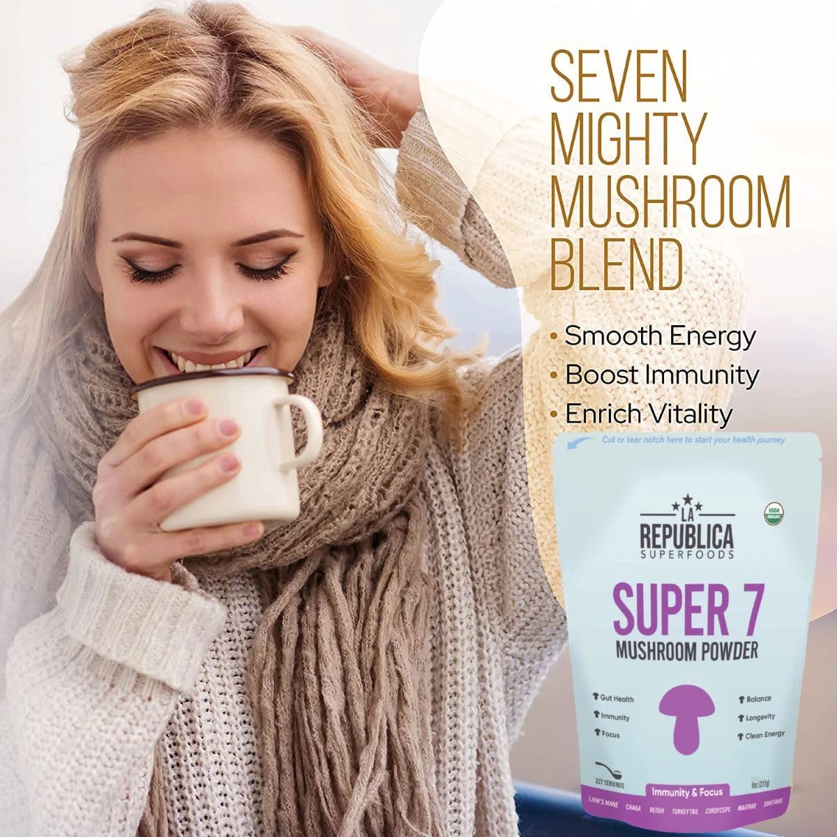 La Republica Superfood Super 7 Mushroom Extract Powder 8oz, Includes Lion's Mane, Reishi, Chaga, Cordyceps, Shitake, Maitake and Turkey Tail - Image 2