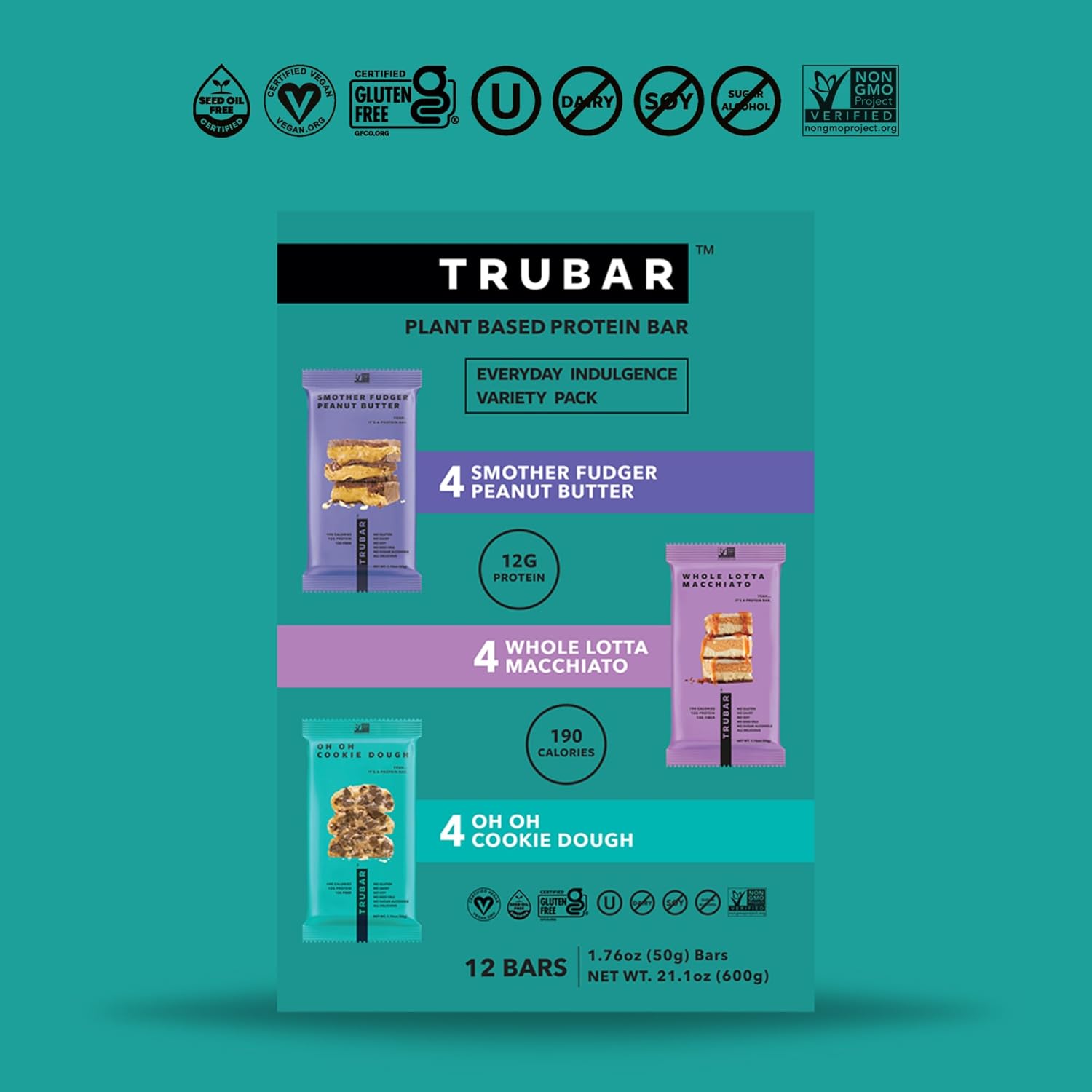 TRUBAR Vegan Protein Bar Variety Pack, Assorted Flavors, Peanut Butter, Macchiato, Cookie Dough, Gluten Free, Vegan Protein Snacks, 12G Plant-Based Protein, High Fiber, Healthy Protein Bars, 12 CT - Image 4