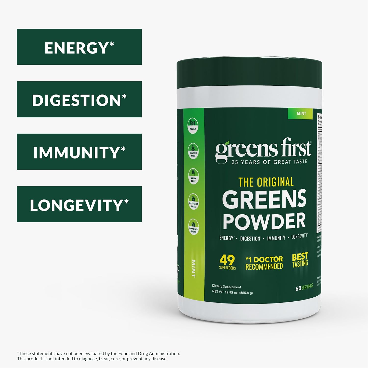 Greens First Original Greens Powder - 49 Superfoods - Organic Fruits & Veggies - Prebiotics, Probiotics & Digestive Enzymes - Antioxidant Smoothie - Dairy Free, Vegan & Non-GMO (Mint, 60 Servings) - Image 2
