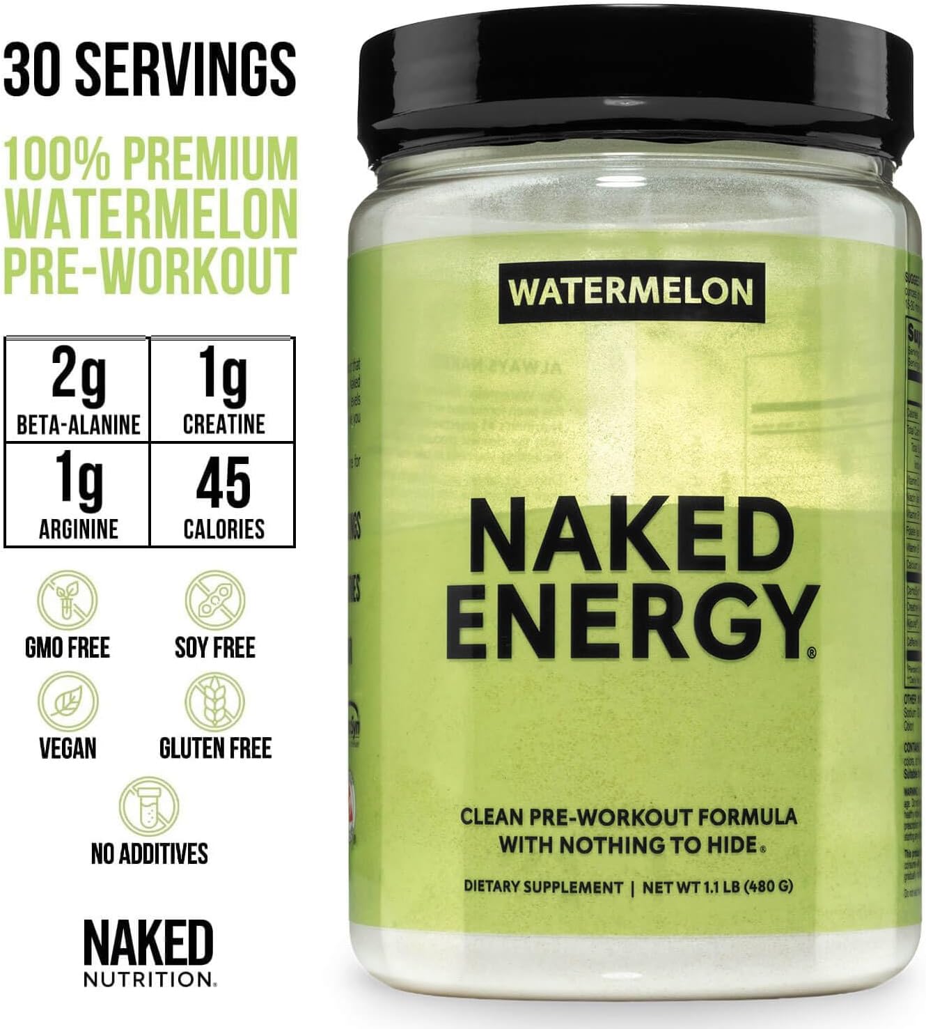 NAKED Watermelon Energy - Clean Pre Workout Supplement for Men and Women, NSF Certified, Vegan Friendly, No Added Sweeteners, Colors Or Flavors - 30 Servings - Image 2