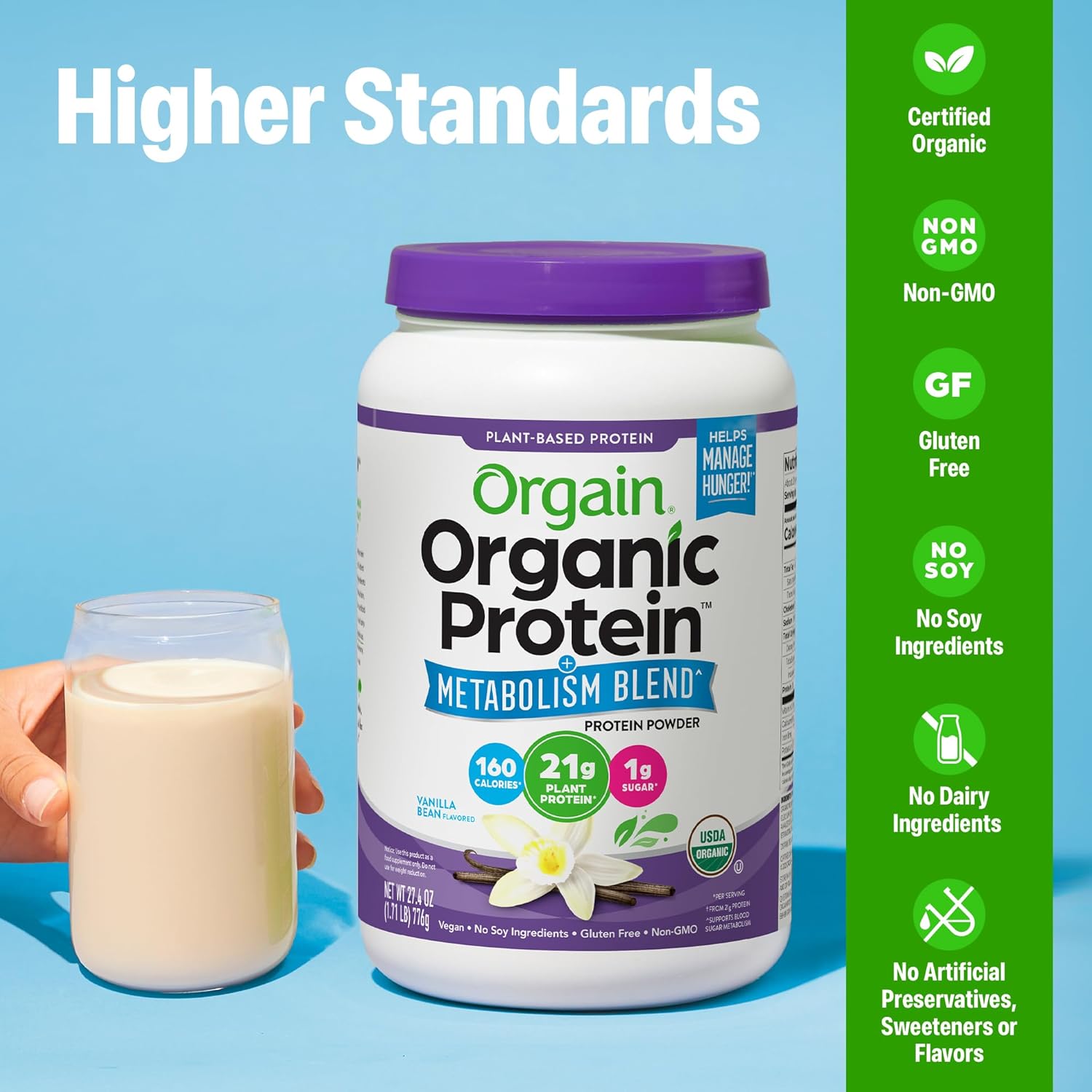 Orgain Organic Protein + Metabolism Blend Powder, Vanilla Bean - 21g Plant Protein, 5g Prebiotic Fiber, No Lactose Ingredients, Low Sugar, Non-GMO, for Shakes & Smoothies, 1.71 lb - Image 5