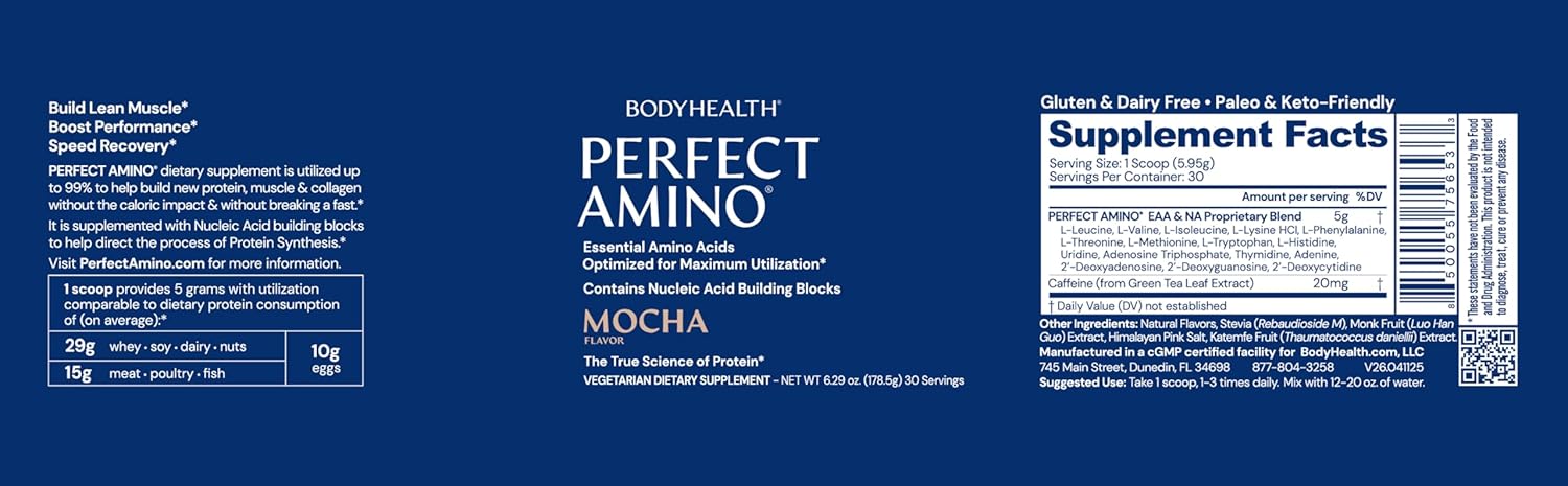 BodyHealth PerfectAmino Powder - BCAA and EAA Powder for Pre and Post Workout - Amino Acid Energy Drink for Men and Women to Support Lean Muscle and Recovery - Mocha - 30 Servings - Image 3