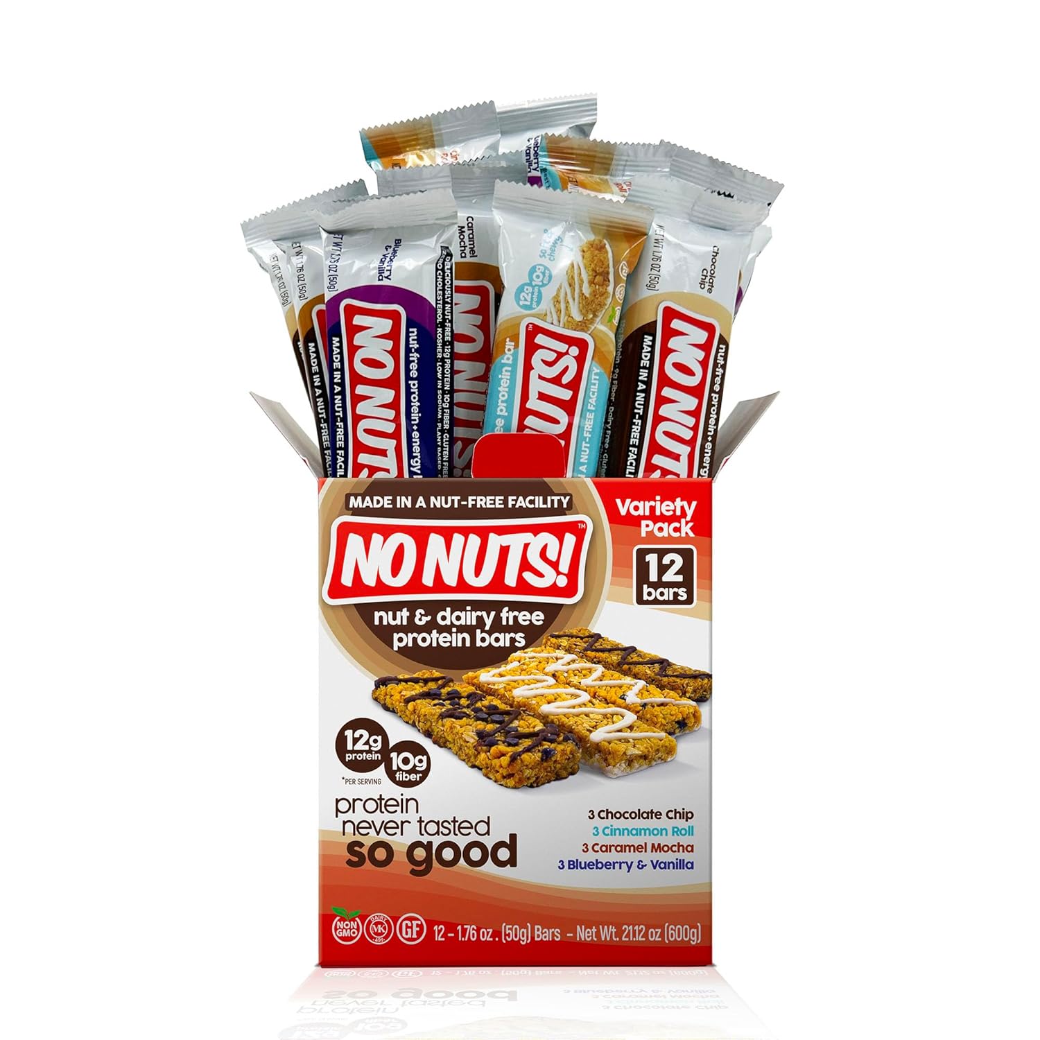 No Nuts! Protein Bar Variety Pack – 12 Count | Nut-Free & School-Safe | Chocolate Chip, Caramel Mocha, Cinnamon Roll & Blueberry Vanilla | Dairy-Free, Vegan, Non-GMO, Organic, Kosher - Image 6