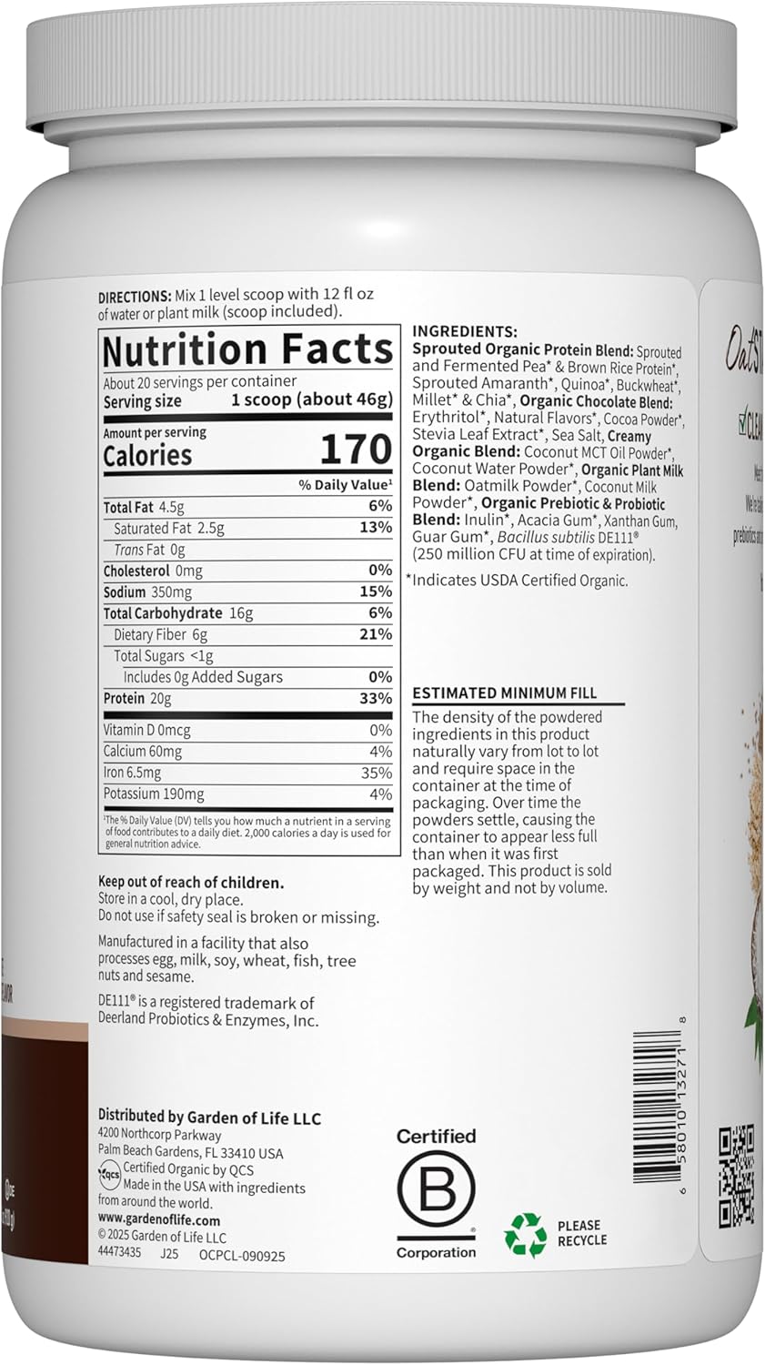 Garden of Life Creamy Plant Protein + Oat Milk Powder + Chocolate Flavor Vegan Protein Powder – Plant Based, Prebiotics & Probiotics, Gluten-Free, Non-GMO, Chocolate Brownie Flavor, 2 LBS - Image 9