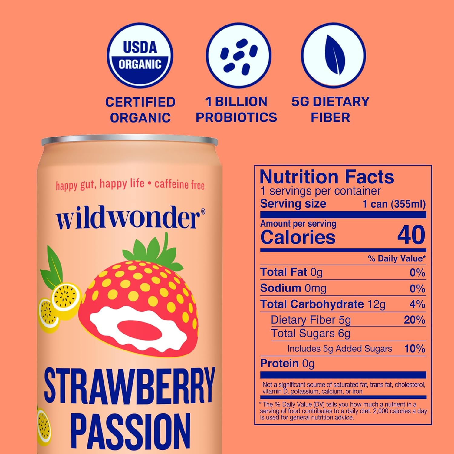 wildwonder Sparkling Probiotic Drink 12pk, For Gut Health & Immune Support, Strawberry Passion, 5g Prebiotic Fiber, Live Probiotics, Organic, Vegan, Low Sugar, 12 Pack, 12oz Can, As Seen on Shark Tank - Image 4