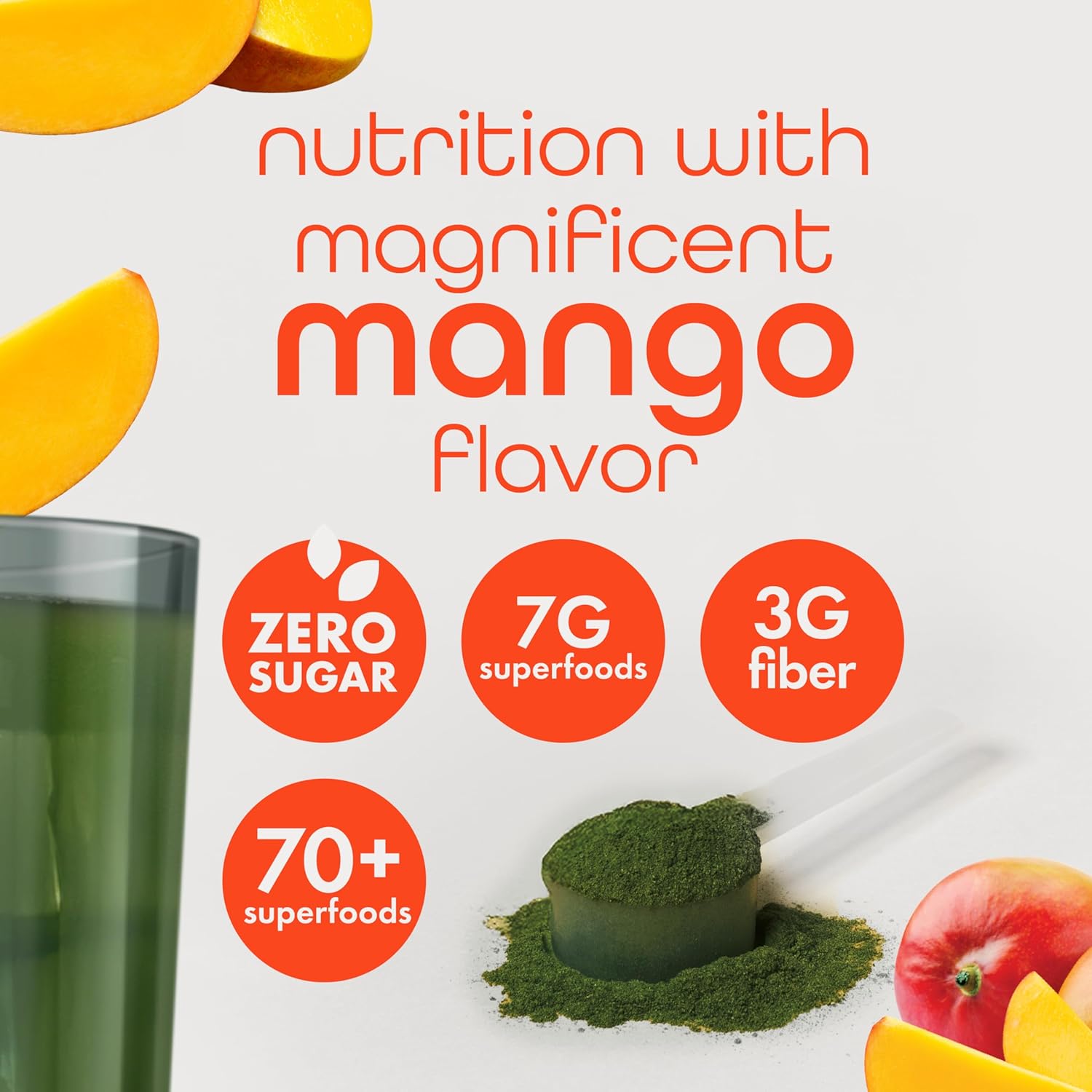 Zena Nutrition Organic Super Greens Powder, 70+ Superfoods, 0 Sugar, 3G Fiber, Spirulina, Chlorella, Mushrooms, Prebiotics/Probiotics, Digestive Enzymes for Gut Health, Mango, 30 Servings - Image 3