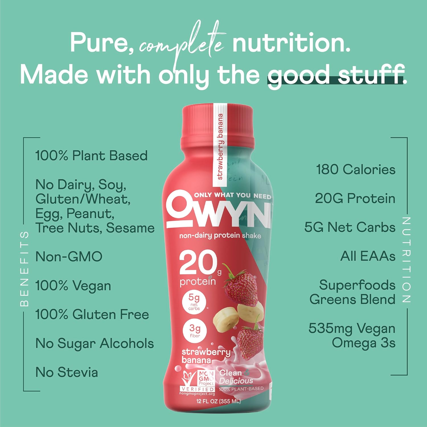OWYN Only What You Need Protein Shake Variety Pack, Strawberry Banana, Dark Chocolate, Smooth Vanilla Flavored Protein Shakes, 20g Protein, 4g Sugar, 3g Fiber, Dairy Free, Plant Based Protein, 12 CT - Image 3