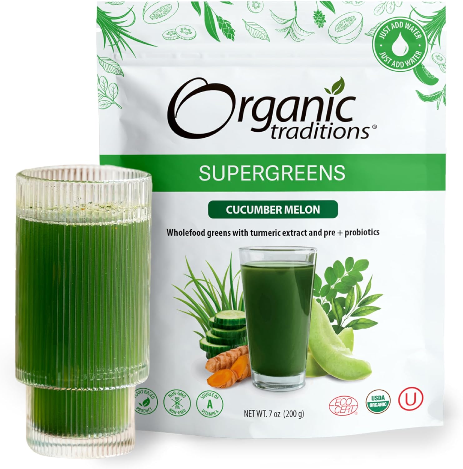 Organic Traditions Super Greens Powder with Turmeric, Cucumber Melon Flavored, Greens Superfood Powder with Vitamins, Minerals and Probiotics, Easy to Mix Plant-Based Drink, 200g / 7oz Bag