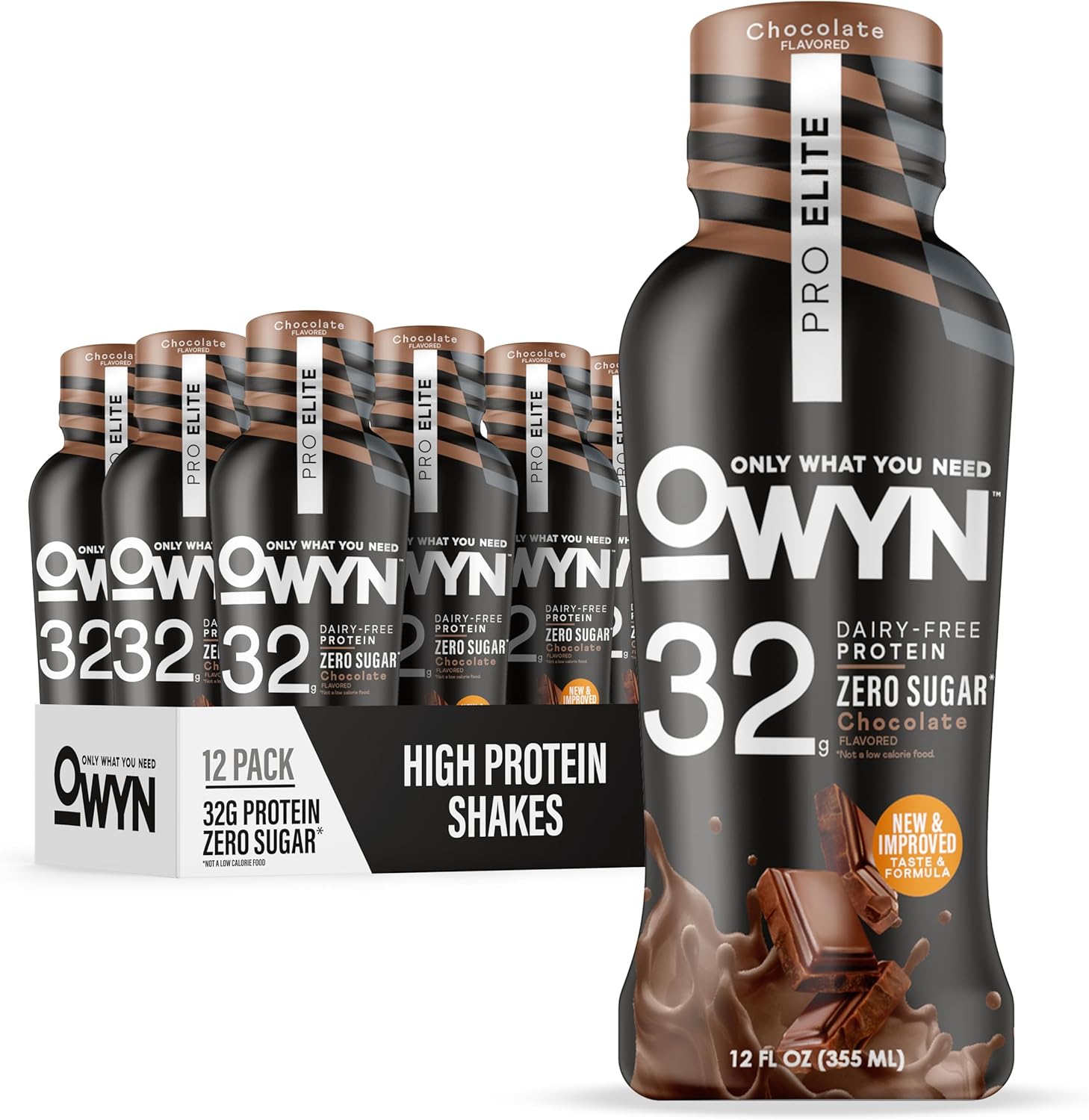 OWYN Only What You Need Pro Elite Chocolate Flavored Protein Shake, 32g Protein, 0g Sugar, High Protein, Dairy Free, Gluten Free, Plant Based Protein Drink, 12 Count