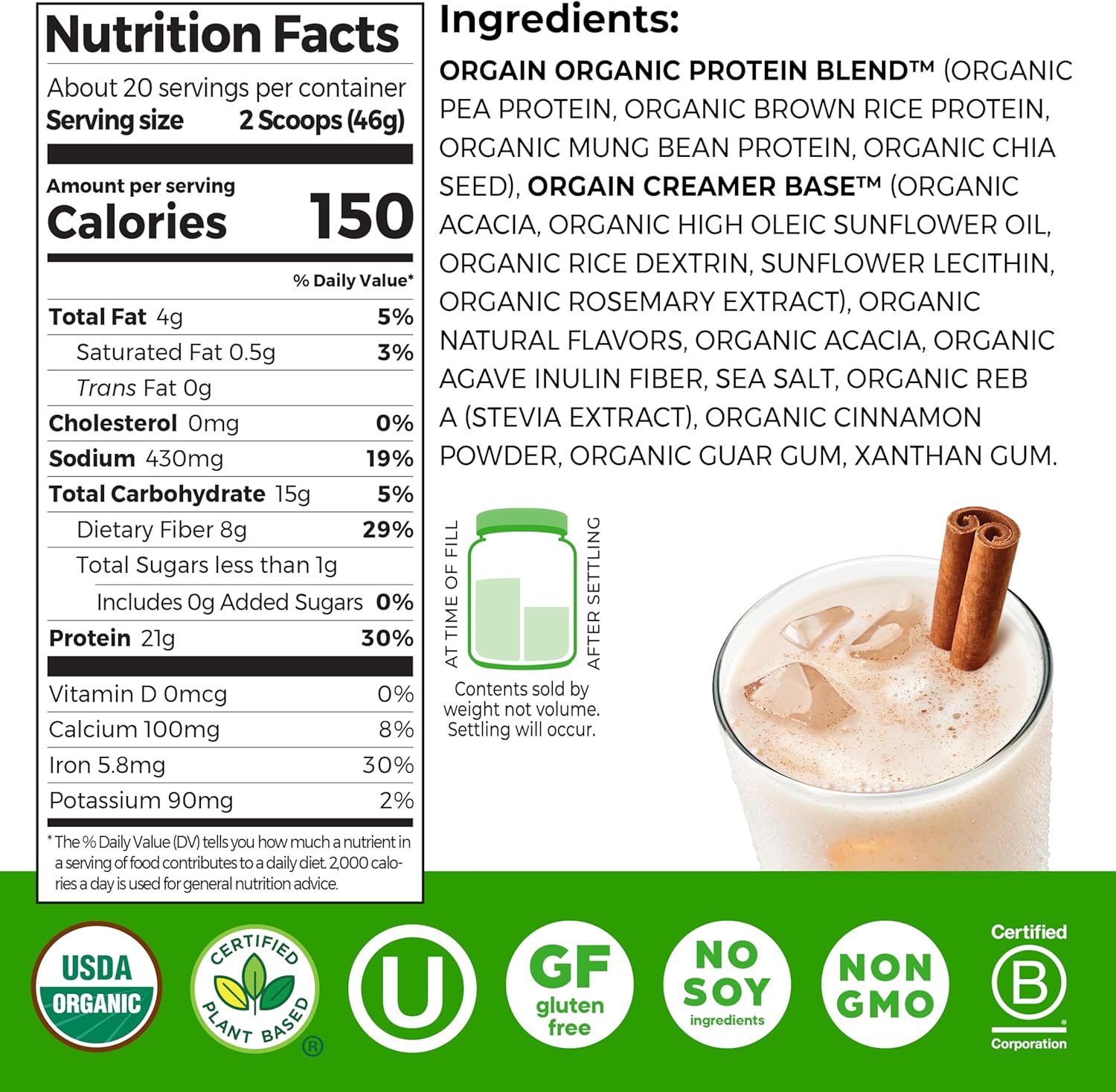 Orgain Organic Vegan Protein Powder, Horchata - 21g Plant Based Protein, 9g Prebiotic Fiber, Low Net Carb, No Lactose Ingredients, No Added Sugar, Non-GMO, For Shakes & Smoothies, 2.03 lb - Image 2