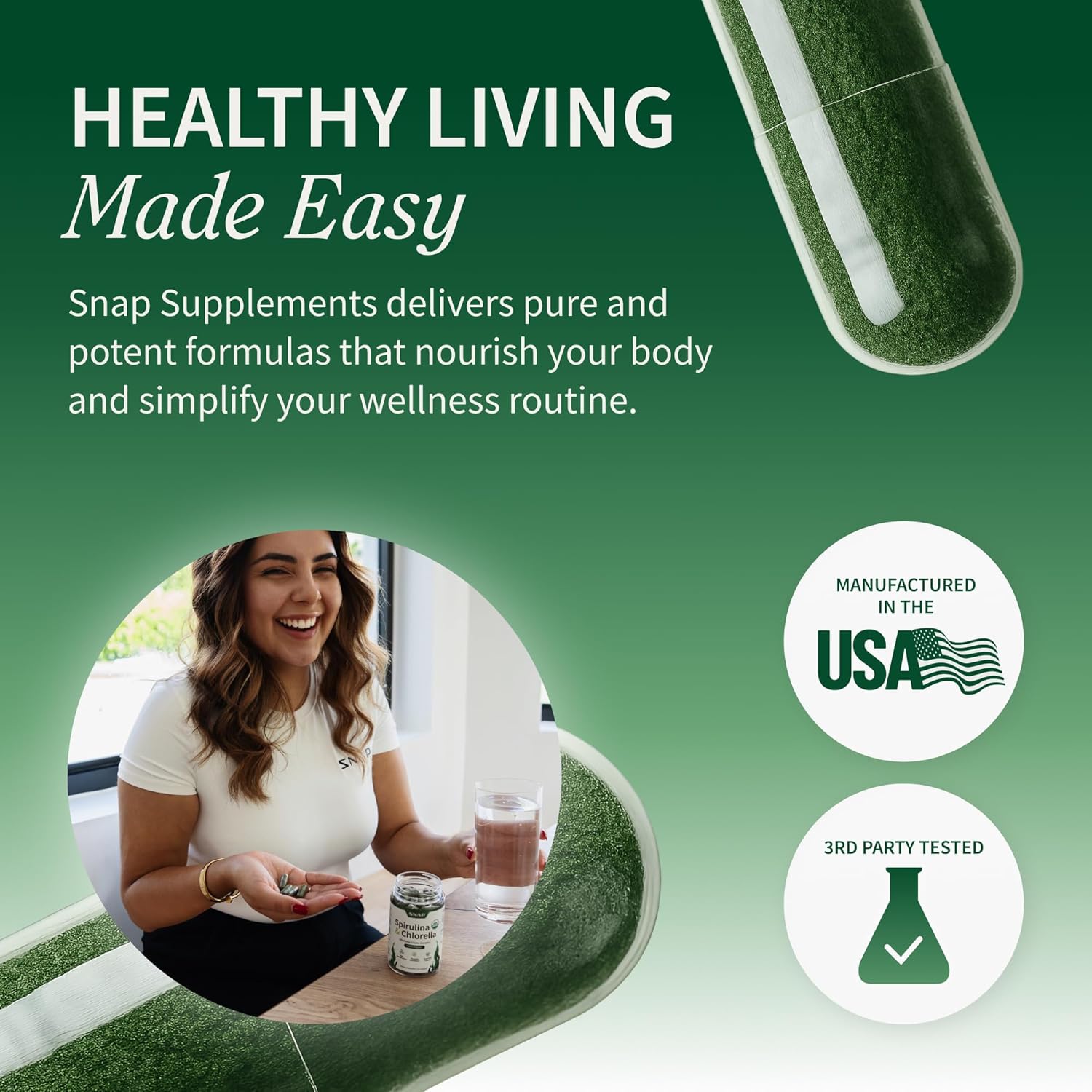 Snap Supplements Organic Spirulina and Chlorella - Protein Rich Blue Green Algae Superfood Supplement for Energy and Immune Support, 120 Vegetarian Capsules (30 Servings, 1 Month Supply) - Image 7