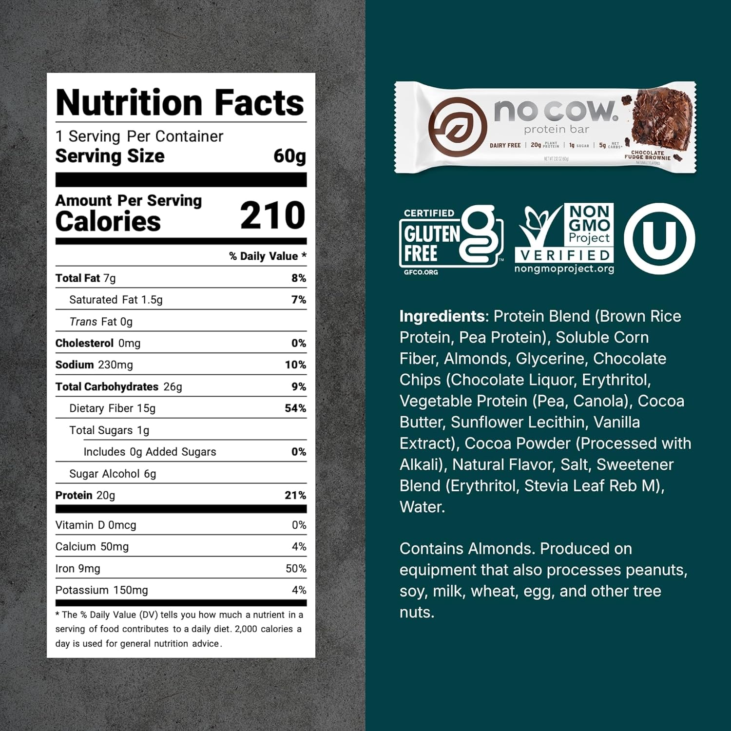 No Cow Vegan Protein Bars, Upgraded Chocolate Fudge Brownie | 20g Plant Based Protein, Gluten Free, Dairy Free, Soy Free, Keto Friendly, Low Sugar, High Fiber Snack Bars | Pack of 12 - Image 2
