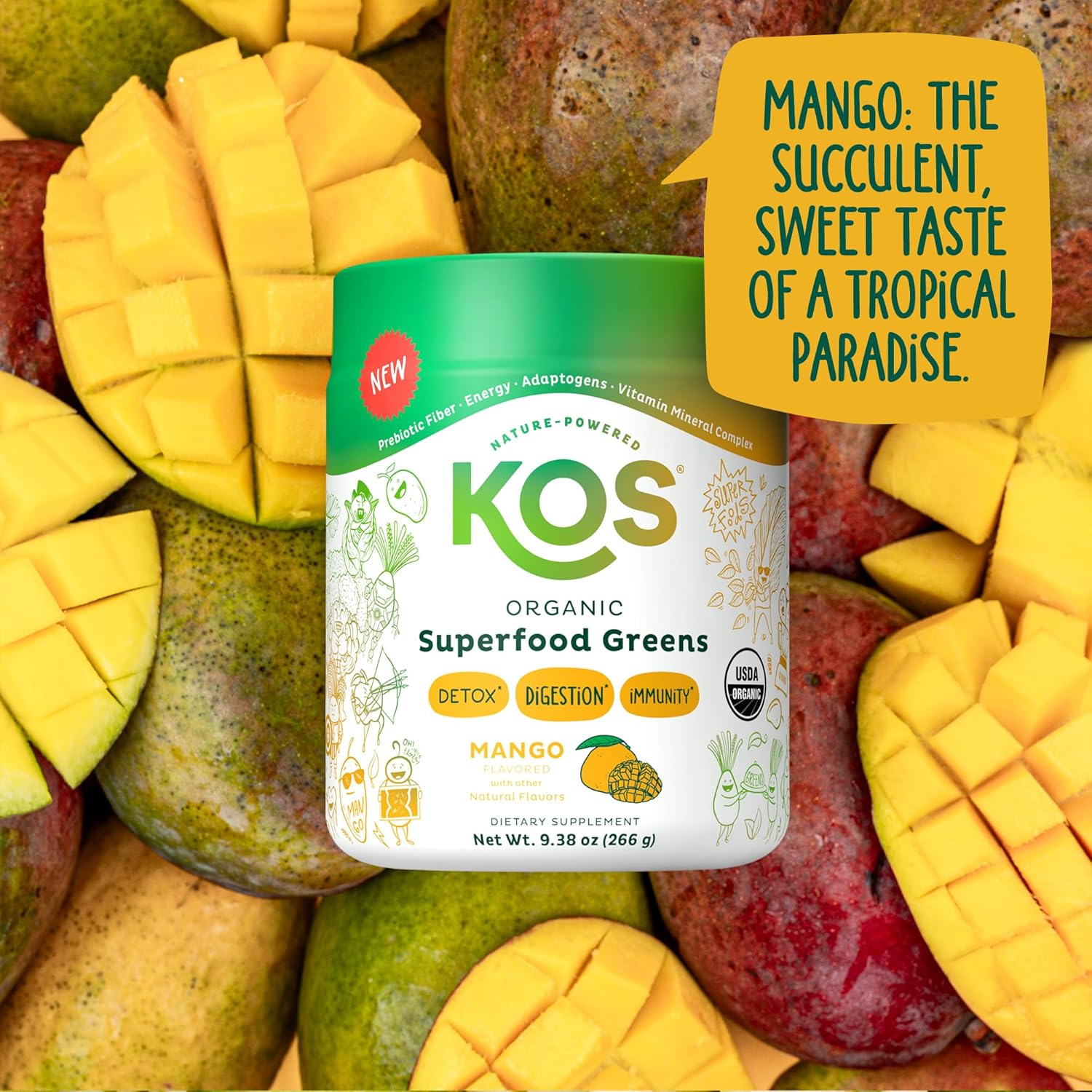 KOS Organic Superfood Greens Powder - Gut Health from Prebiotic Fiber, Supergreens and Adaptogens - USDA Certified Organic, Made in a GMP Certified Facility - 28 Servings Mango - Image 6