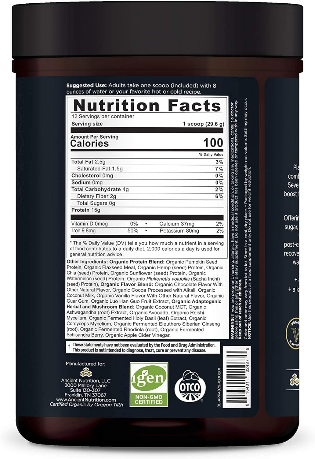 Ancient Nutrition Plant Based Protein Powder, Plant Protein+, Chocolate, Organic Vegan Superfoods Supplement, 15g Protein Per Serving, Gluten Free, Paleo Friendly 12 Serving - Image 2