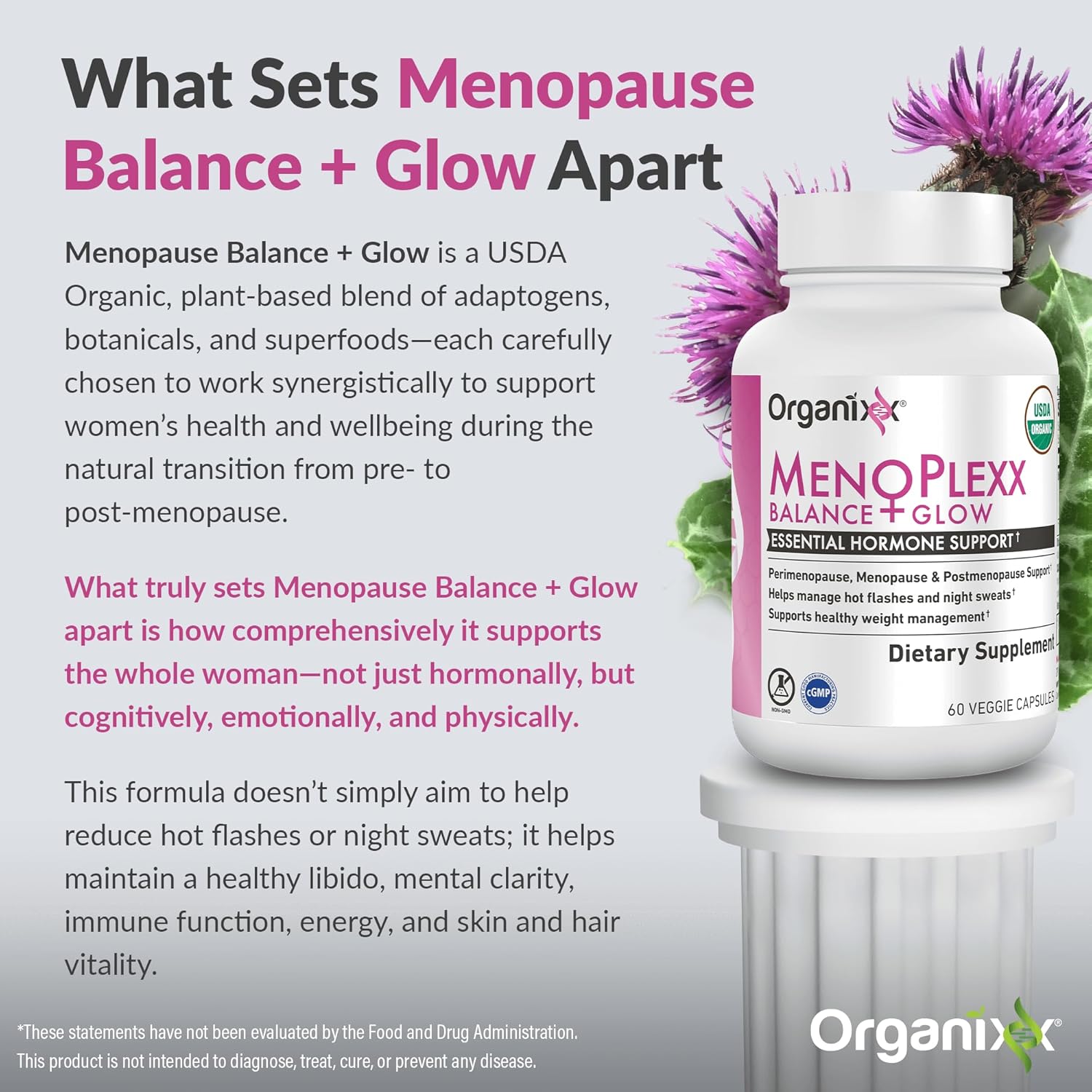 Organixx Menopause Balance + Glow, Womens Supplement with Ashwagandha, Reishi Mushroom, and Milk Thistle, Plant Based Adaptogens and Superfood Blend, Dairy, Soy & Gluten Free, Non GMO, 60 Capsules - Image 2