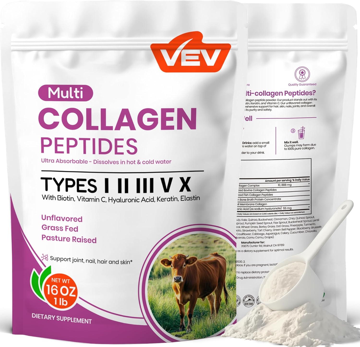 VEV Multi Collagen Peptides Powder, 16 oz (41 Servings) – Type I, II, III, V, X, Hydrolyzed Collagen, Hyaluronic Acid Powder, Biotin, Vitamin C, Supports Skin, Unflavored, Dissolves Easily