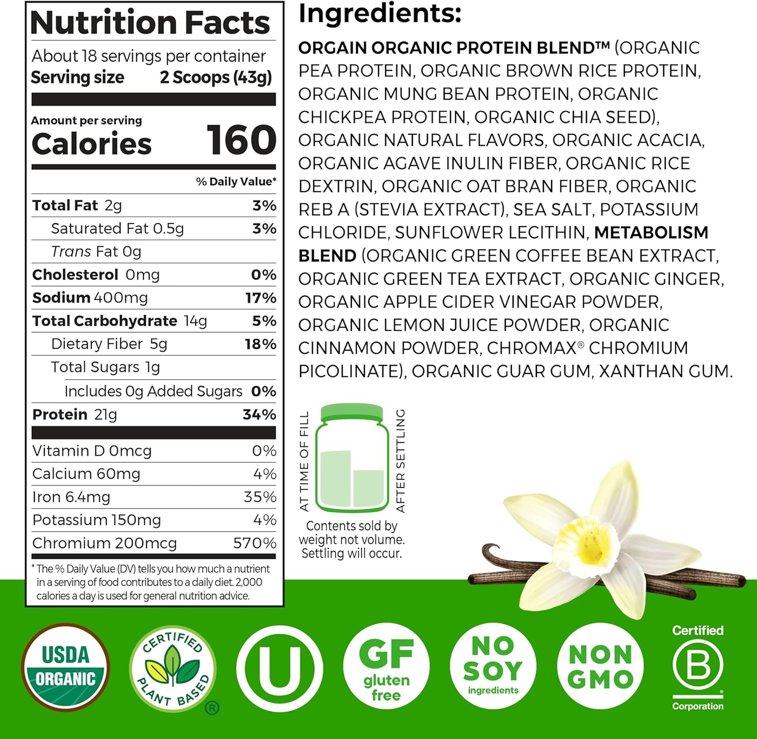 Orgain Organic Protein + Metabolism Blend Powder, Vanilla Bean - 21g Plant Protein, 5g Prebiotic Fiber, No Lactose Ingredients, Low Sugar, Non-GMO, for Shakes & Smoothies, 1.71 lb - Image 2
