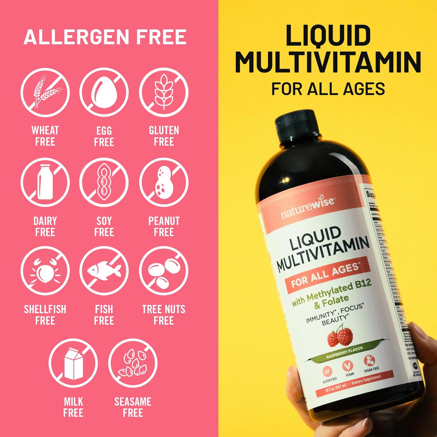 NatureWise Liquid Multivitamin for Women, Men of All Ages - Sugar Free, Vegan - Vitamins for Energy Levels, Beauty, Immune Health with Methylated B12 & Folate - Non-GMO - 30 fl oz(887 mL) - Image 5